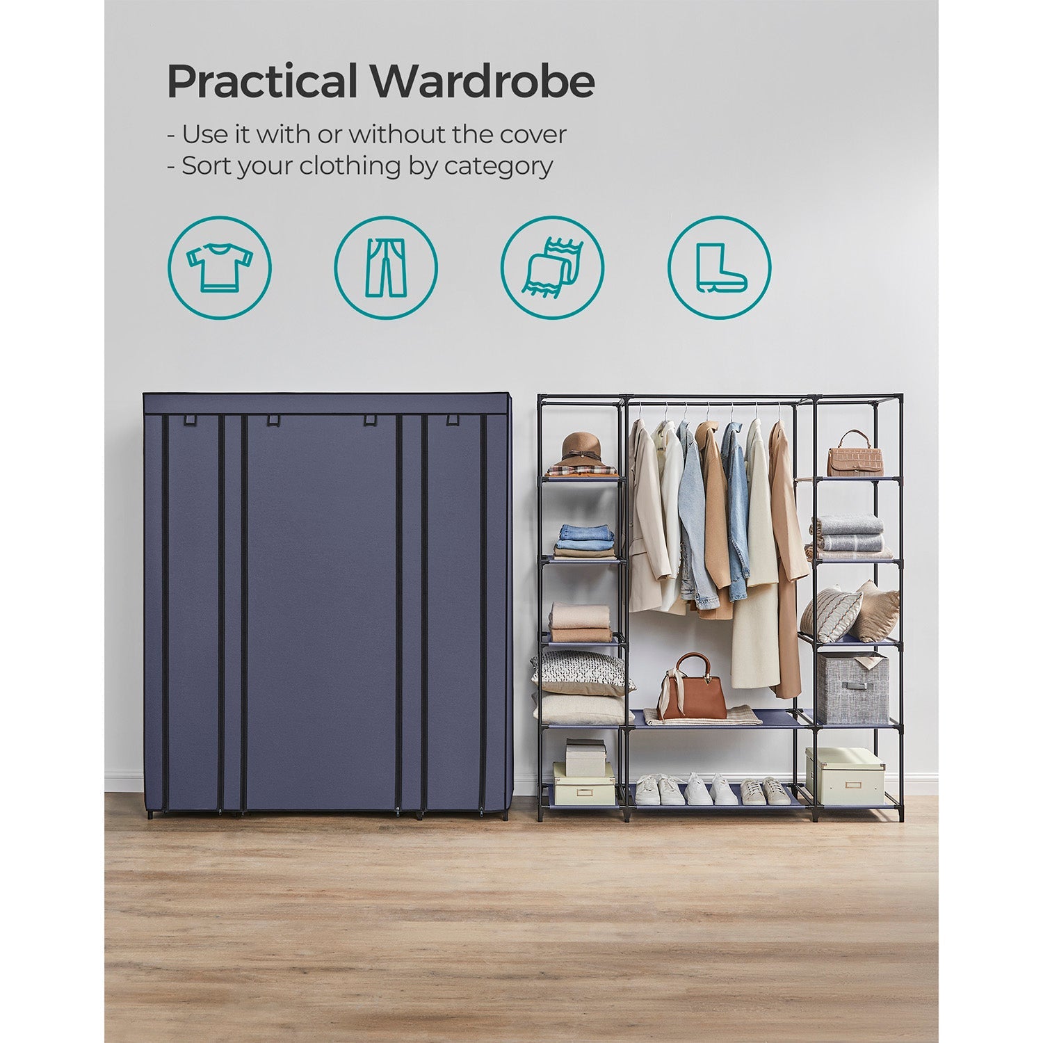 Fabric Wardrobe – Canvas – Navy Blue – 12 Shelves and Clothes Hanging Rail