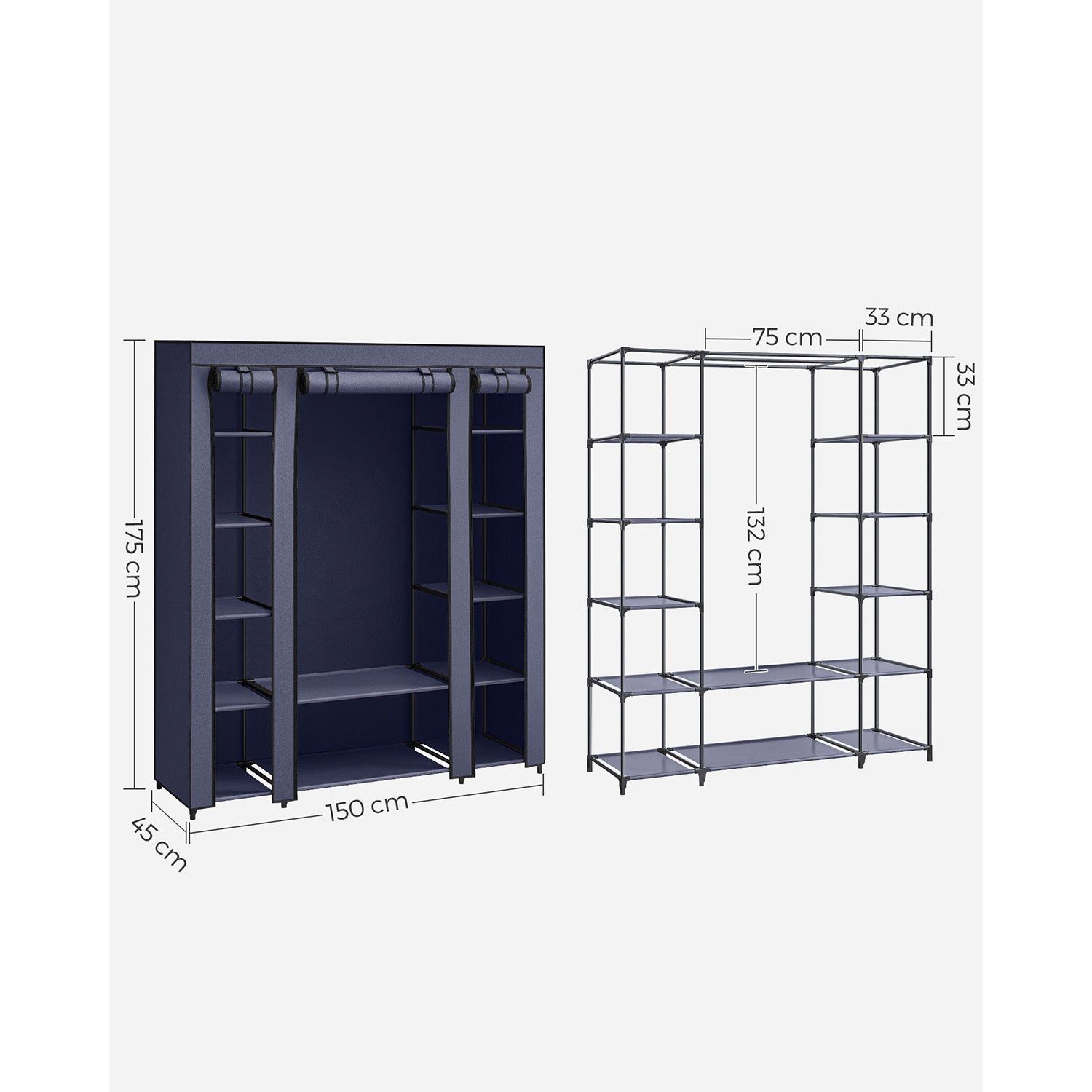 Fabric Wardrobe – Canvas – Navy Blue – 12 Shelves and Clothes Hanging Rail