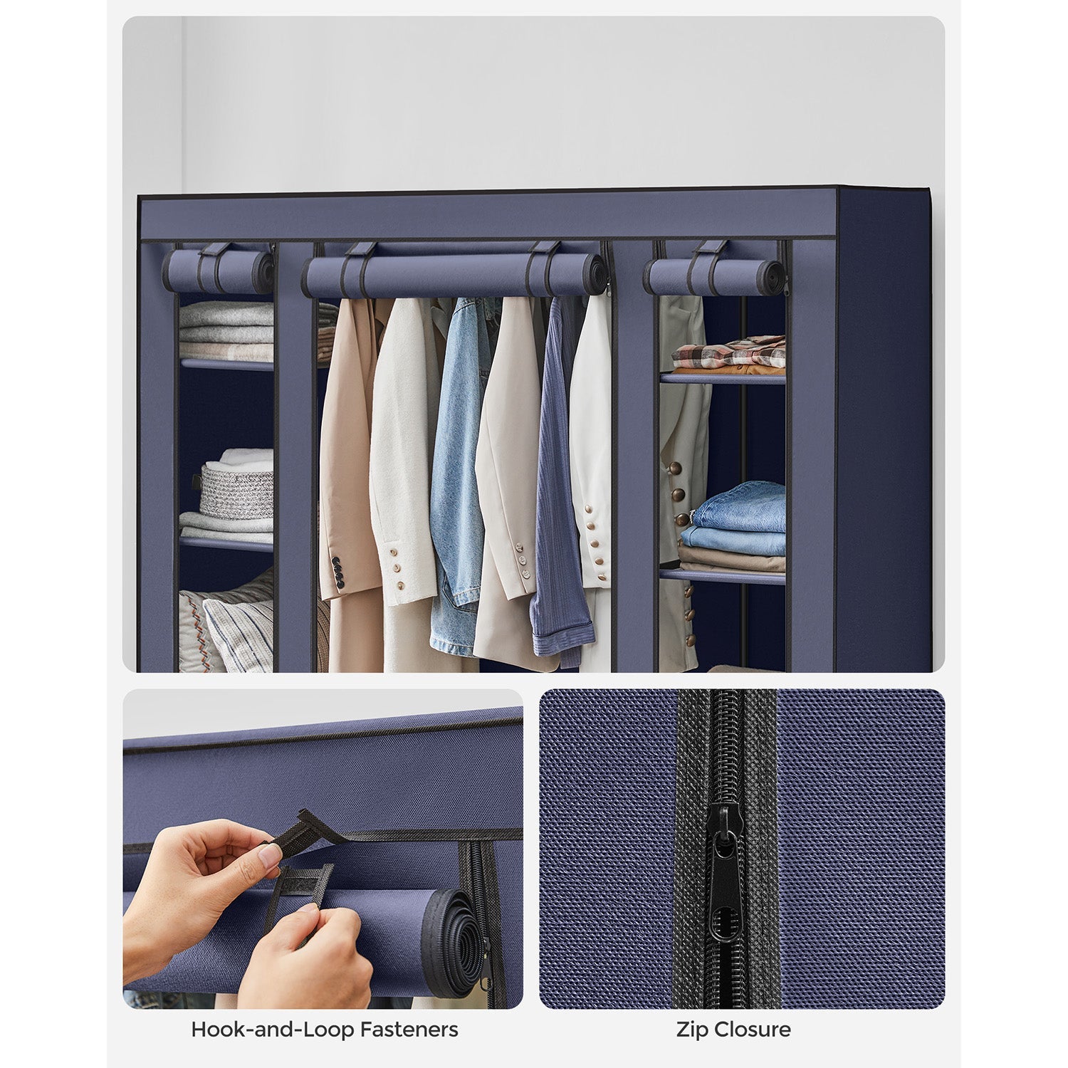Fabric Wardrobe – Canvas – Navy Blue – 12 Shelves and Clothes Hanging Rail