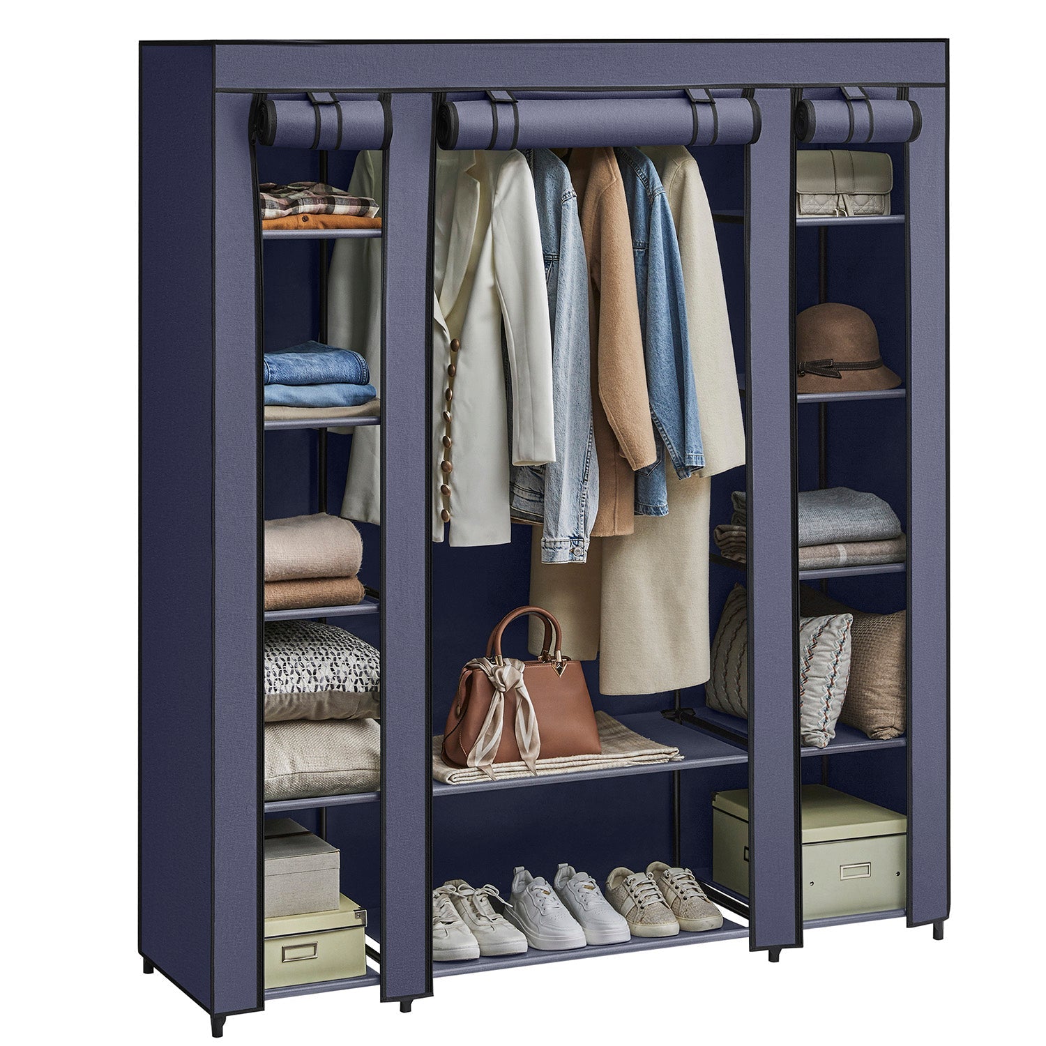 Fabric Wardrobe – Canvas – Navy Blue – 12 Shelves and Clothes Hanging Rail