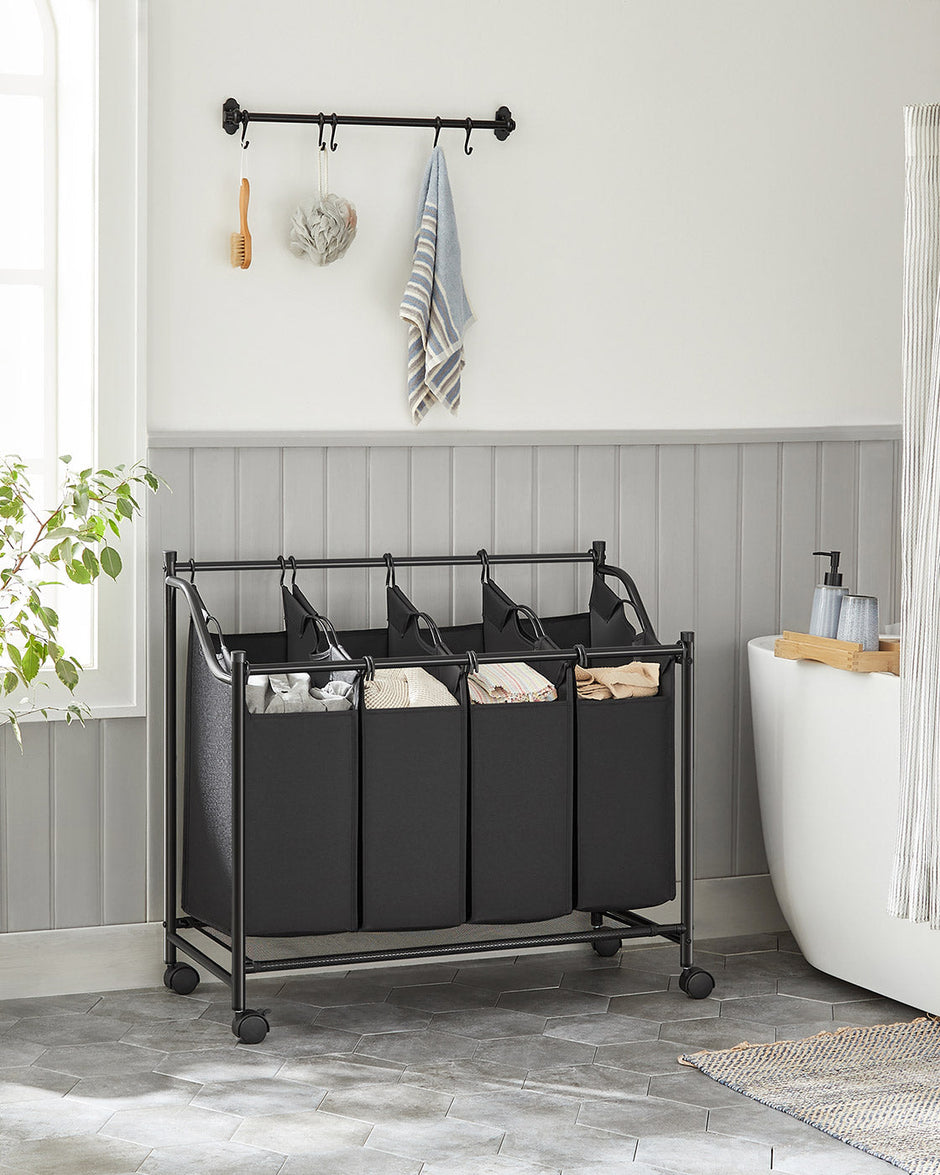 Laundry Sorter Trolley – Fabric – Black – Sturdy Design with 4 Removable 35L Bags