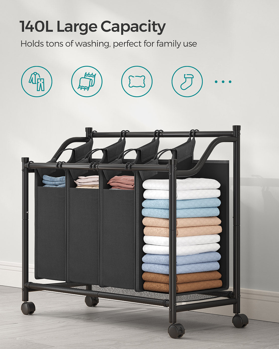 Laundry Sorter Trolley – Fabric – Black – Sturdy Design with 4 Removable 35L Bags
