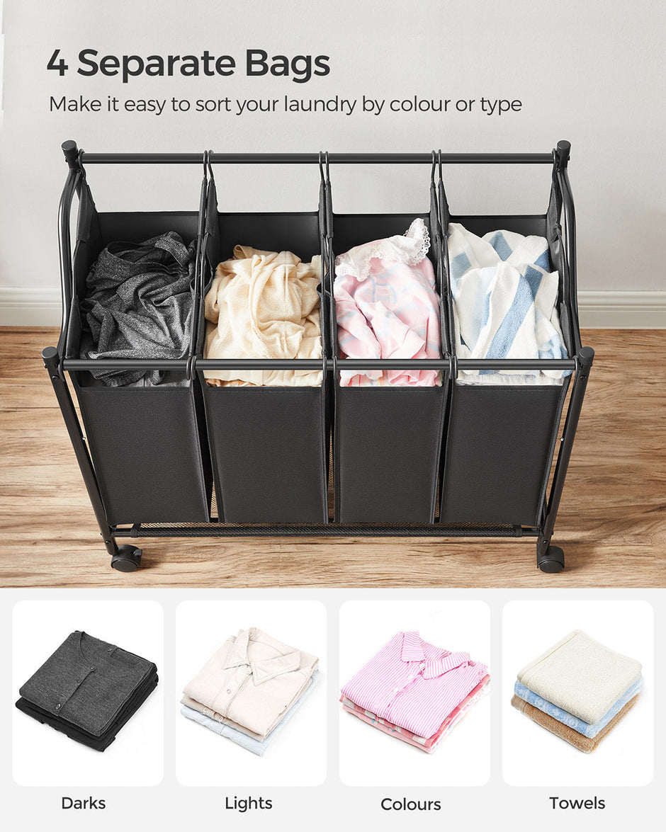 Laundry Sorter Trolley – Fabric – Black – Sturdy Design with 4 Removable 35L Bags