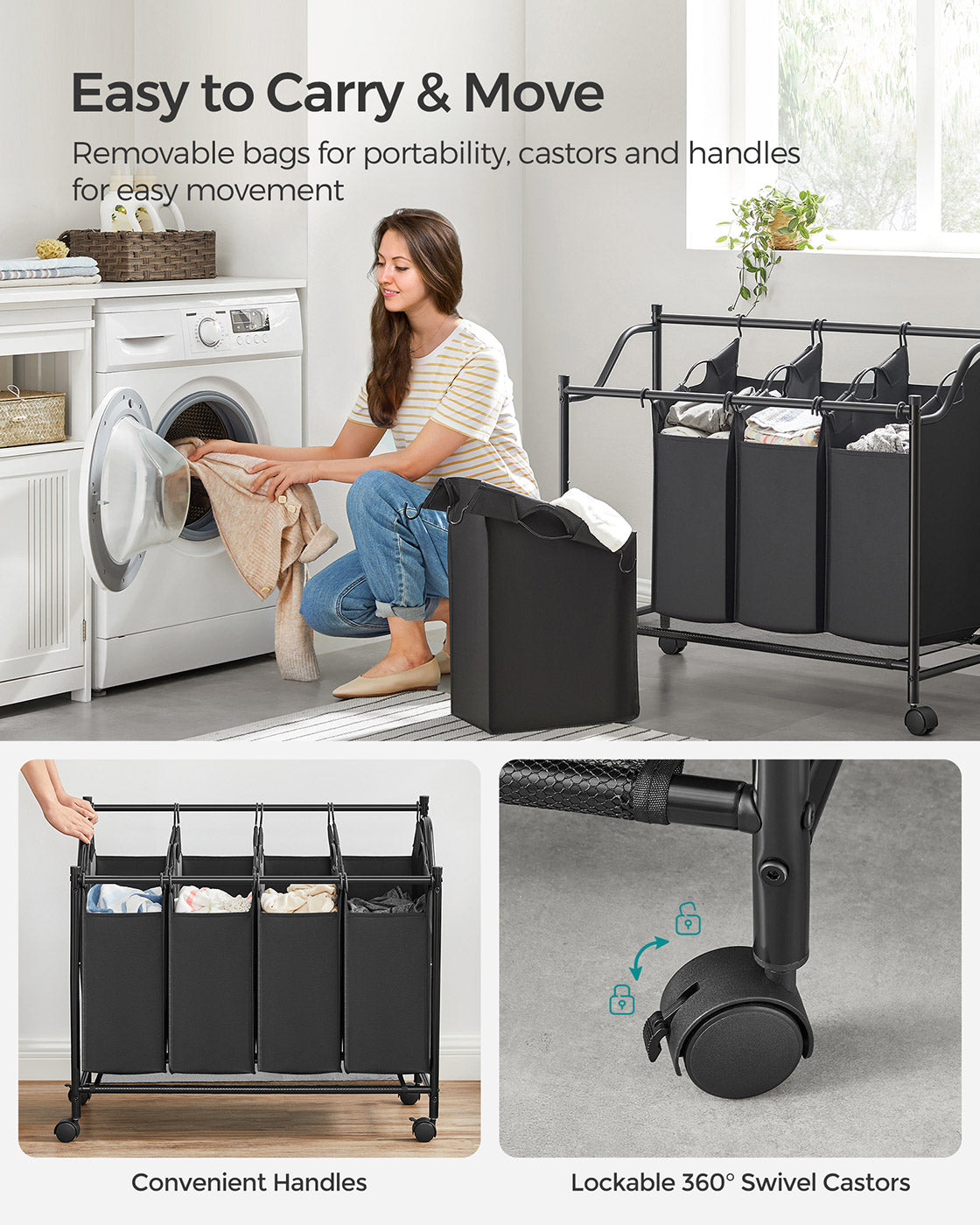 Laundry Sorter Trolley – Fabric – Black – Sturdy Design with 4 Removable 35L Bags