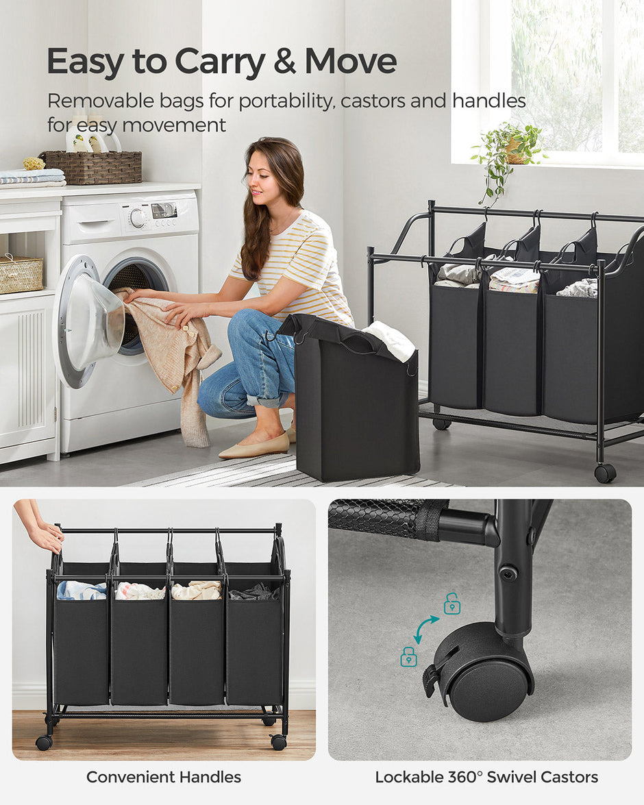 Laundry Sorter Trolley – Fabric – Black – Sturdy Design with 4 Removable 35L Bags