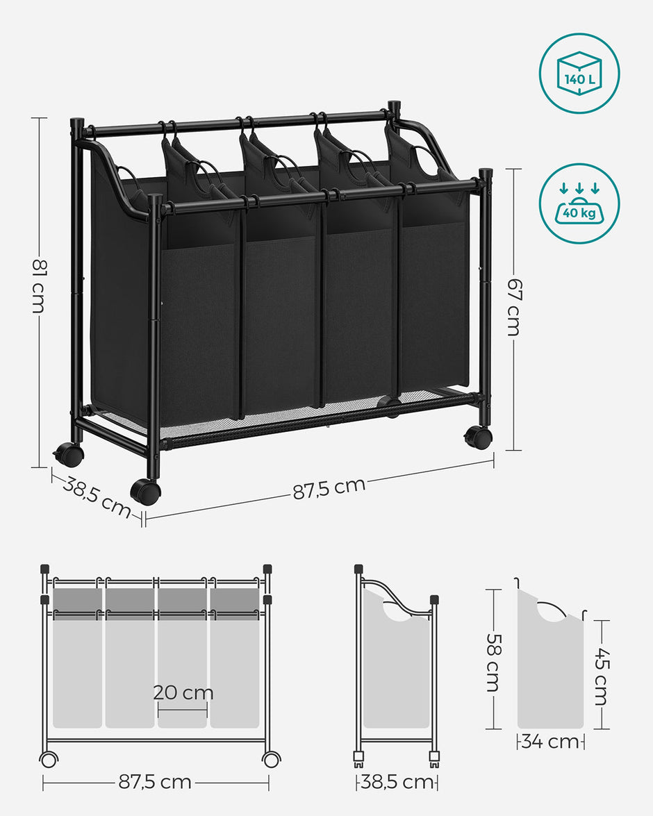Laundry Sorter Trolley – Fabric – Black – Sturdy Design with 4 Removable 35L Bags