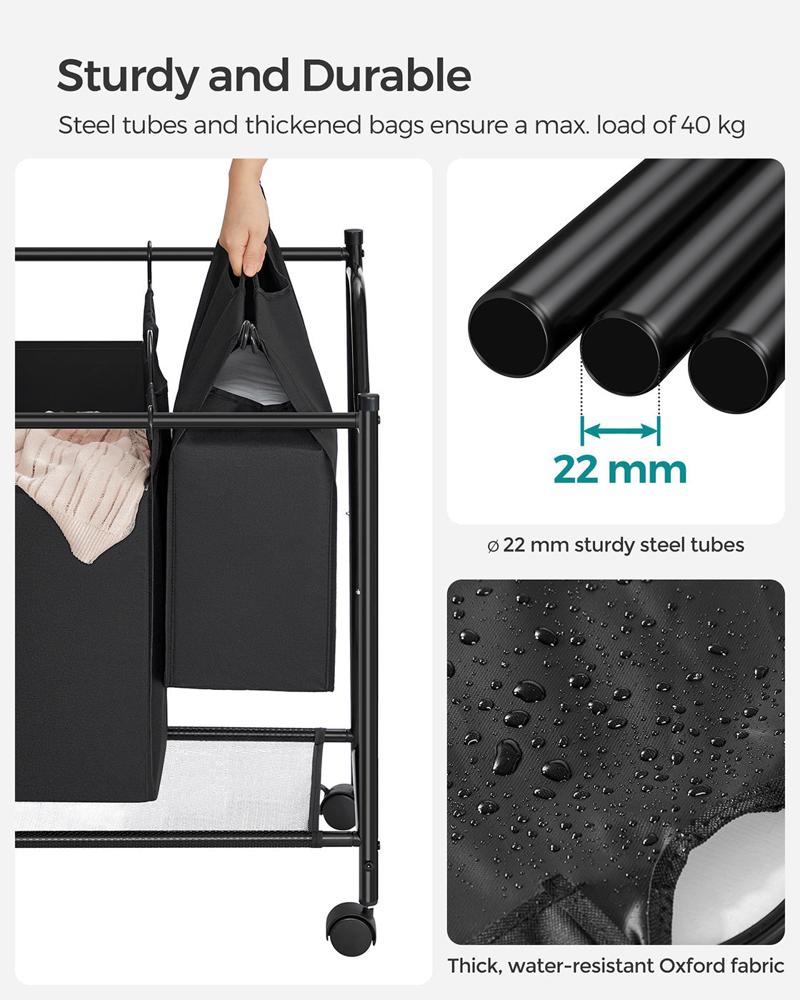 Laundry Sorter Trolley – Fabric – Black – Sturdy Design with 4 Removable 35L Bags