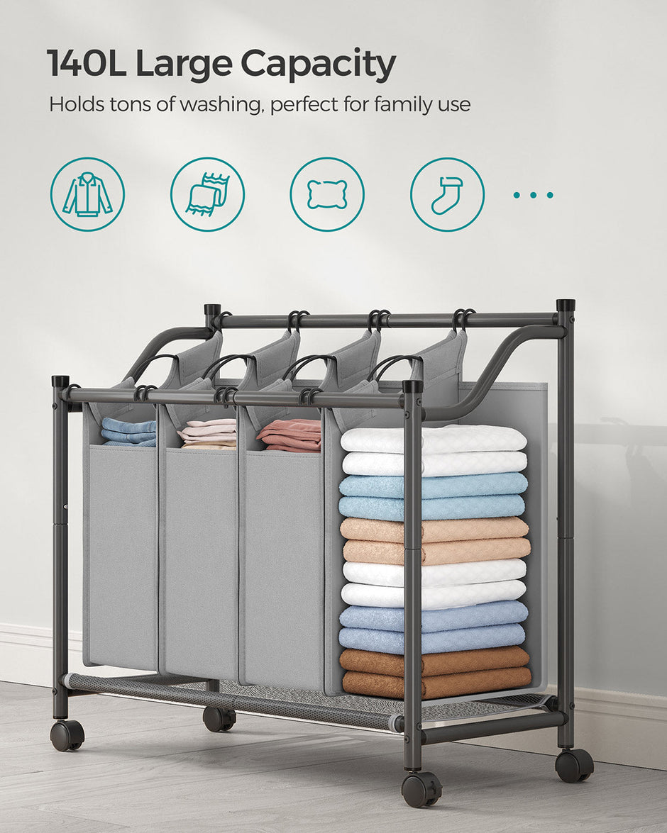 Rolling Laundry Sorter – Fabric – Black – Includes 4 Removable Bags