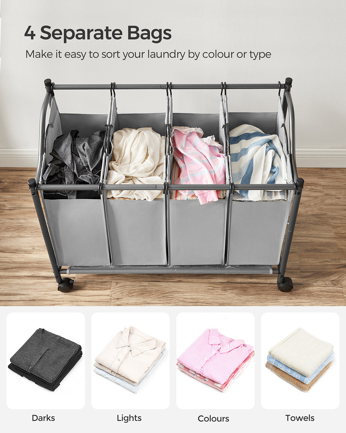 Rolling Laundry Sorter – Fabric – Black – Includes 4 Removable Bags
