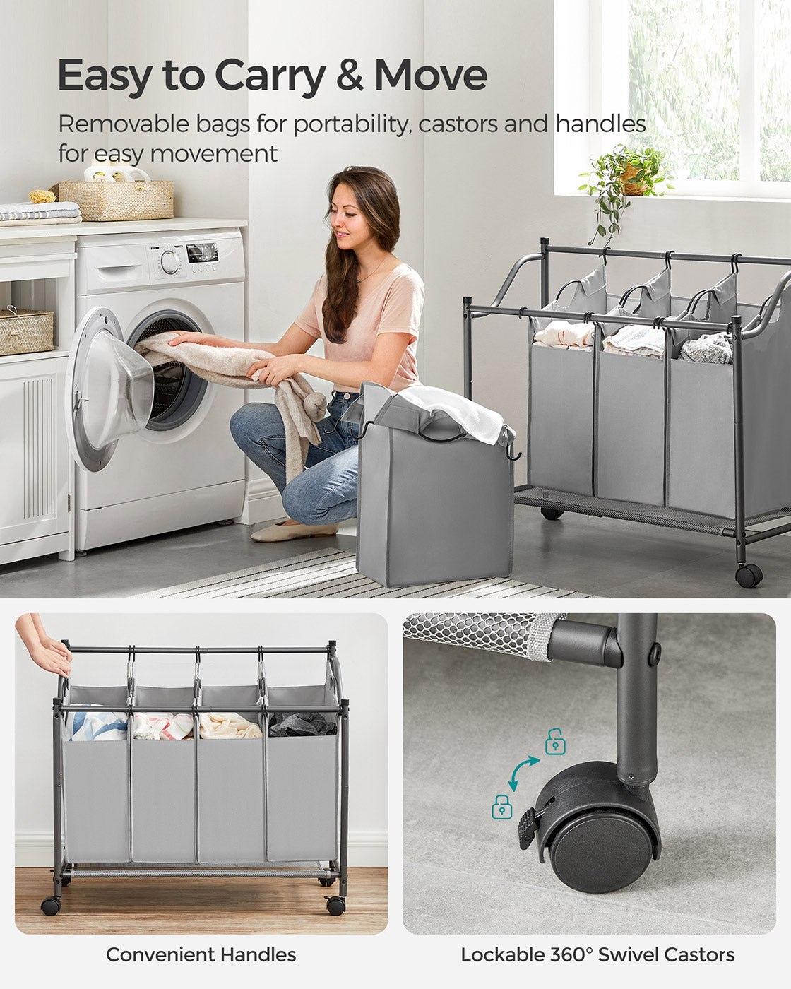 Rolling Laundry Sorter – Fabric – Black – Includes 4 Removable Bags