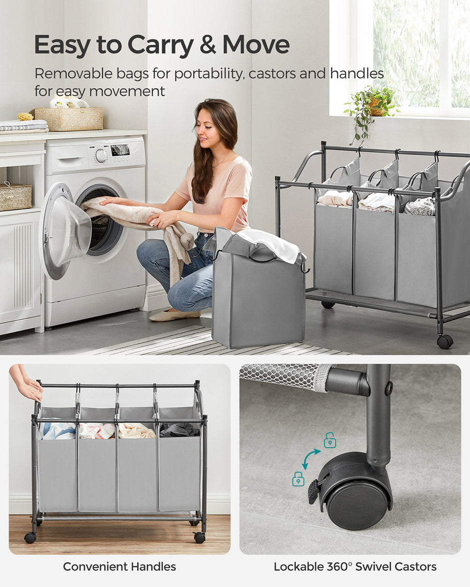 Rolling Laundry Sorter – Fabric – Black – Includes 4 Removable Bags