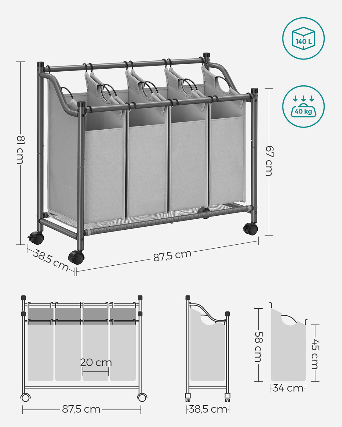 Rolling Laundry Sorter – Fabric – Black – Includes 4 Removable Bags