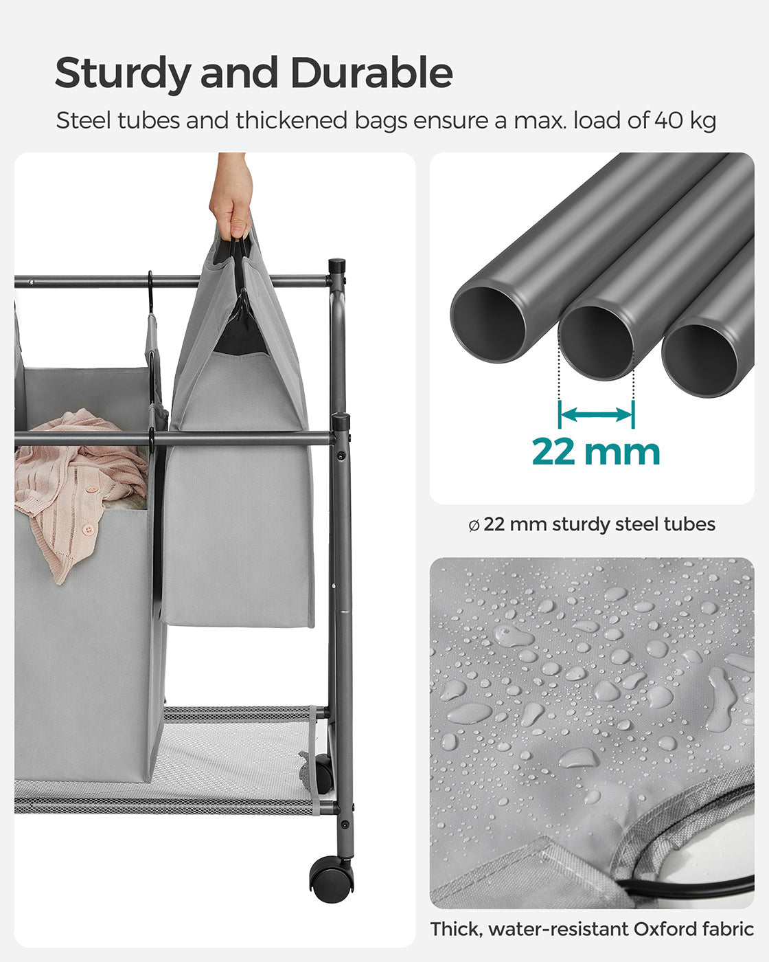 Rolling Laundry Sorter – Fabric – Black – Includes 4 Removable Bags