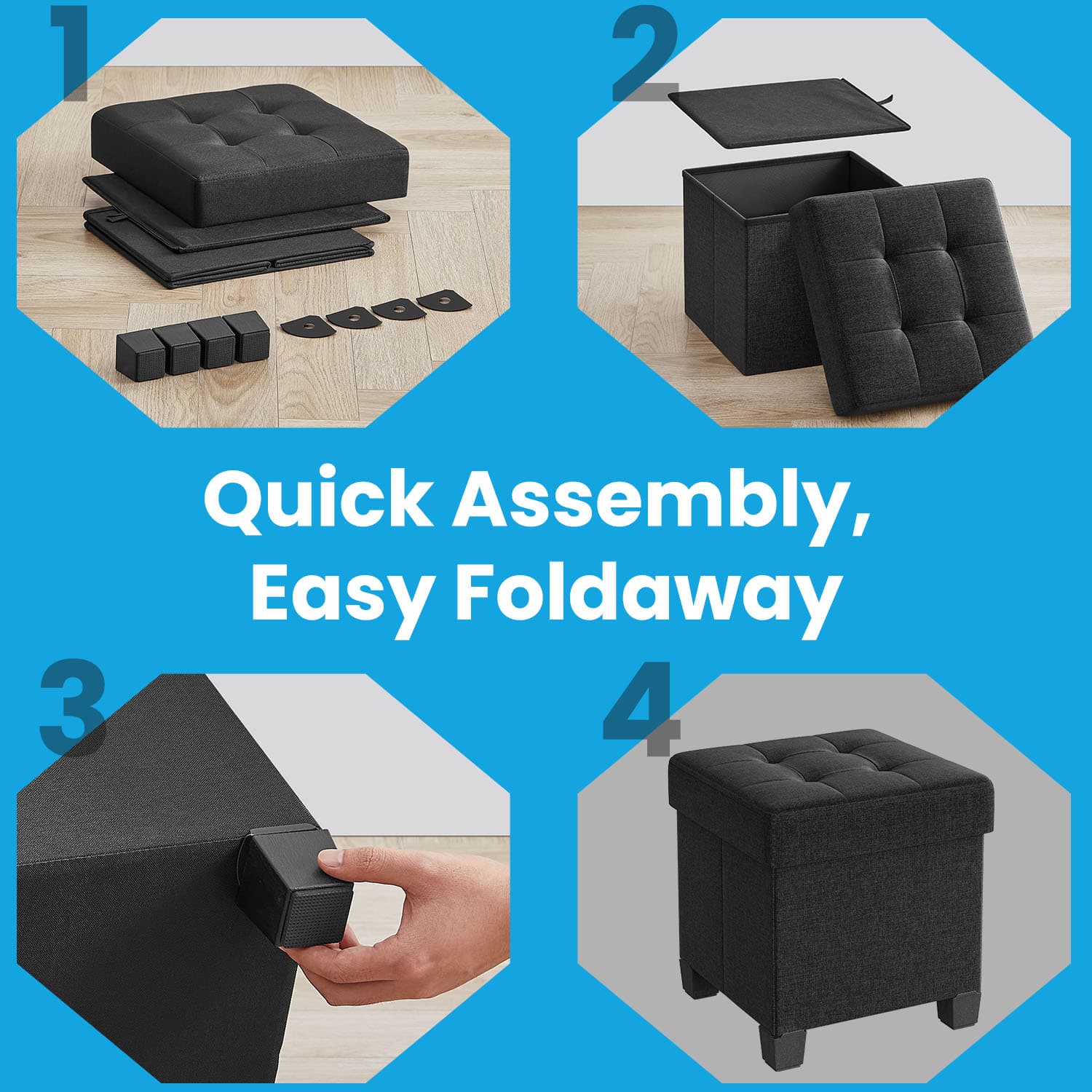 Storage Ottoman – Fabric – Ink Black – Foldable with Storage, Supports up to 300 kg