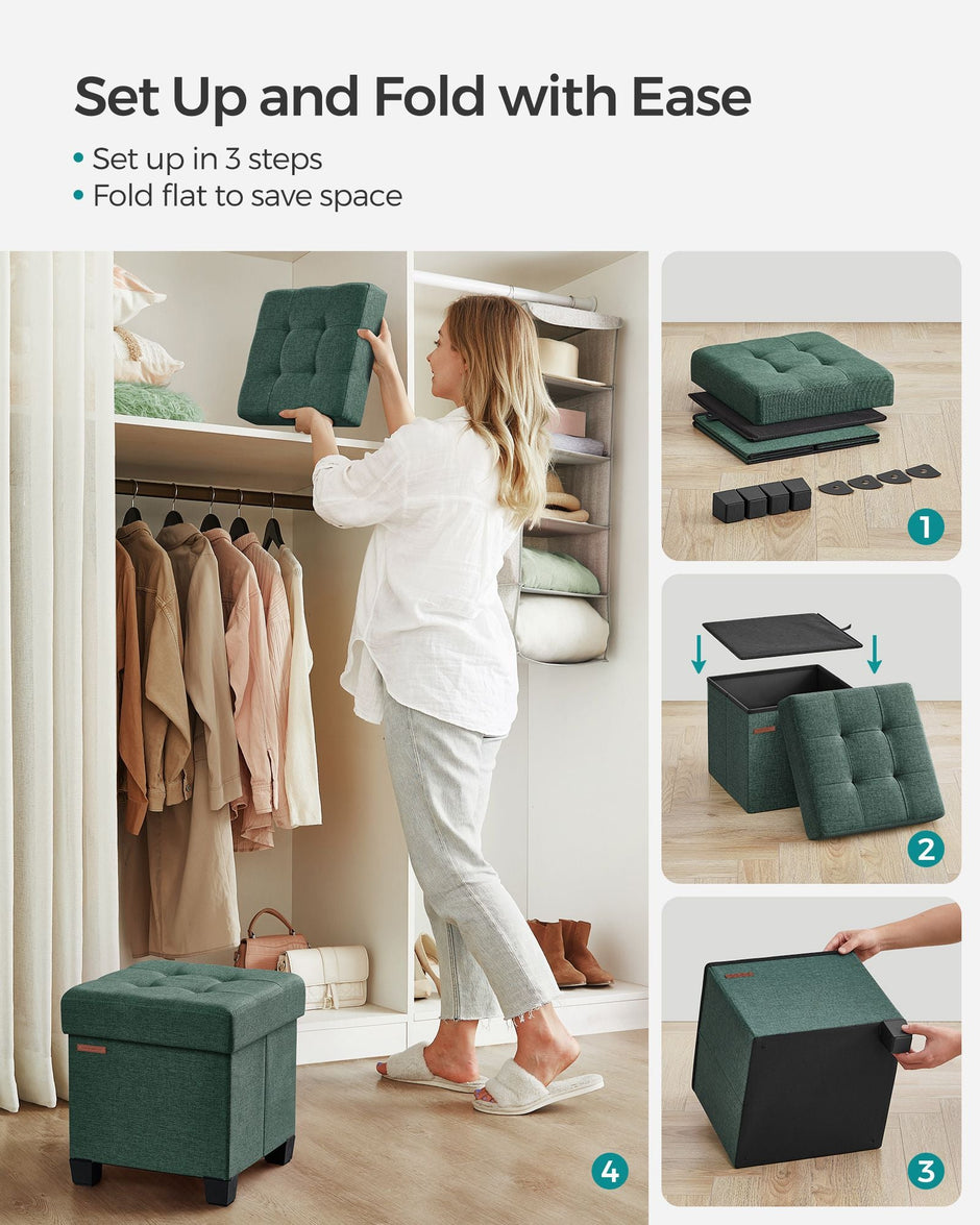 Foldable Storage Ottoman – Fabric – Retro Green – Compact Design with Weight Capacity of 300 kg
