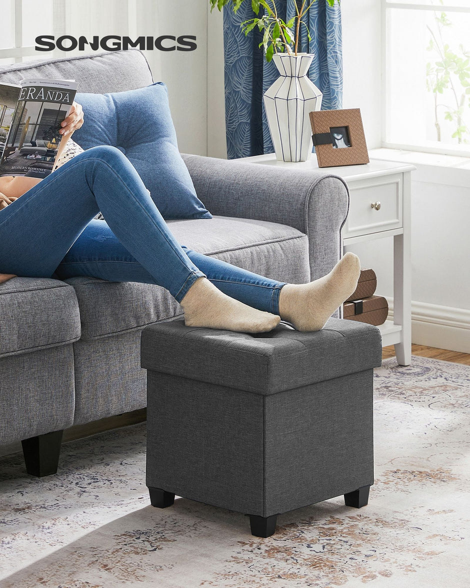 Foldable Storage Ottoman – Fabric – Dark Grey – 38 x 38 cm – Multi-functional Foot Stool with Storage