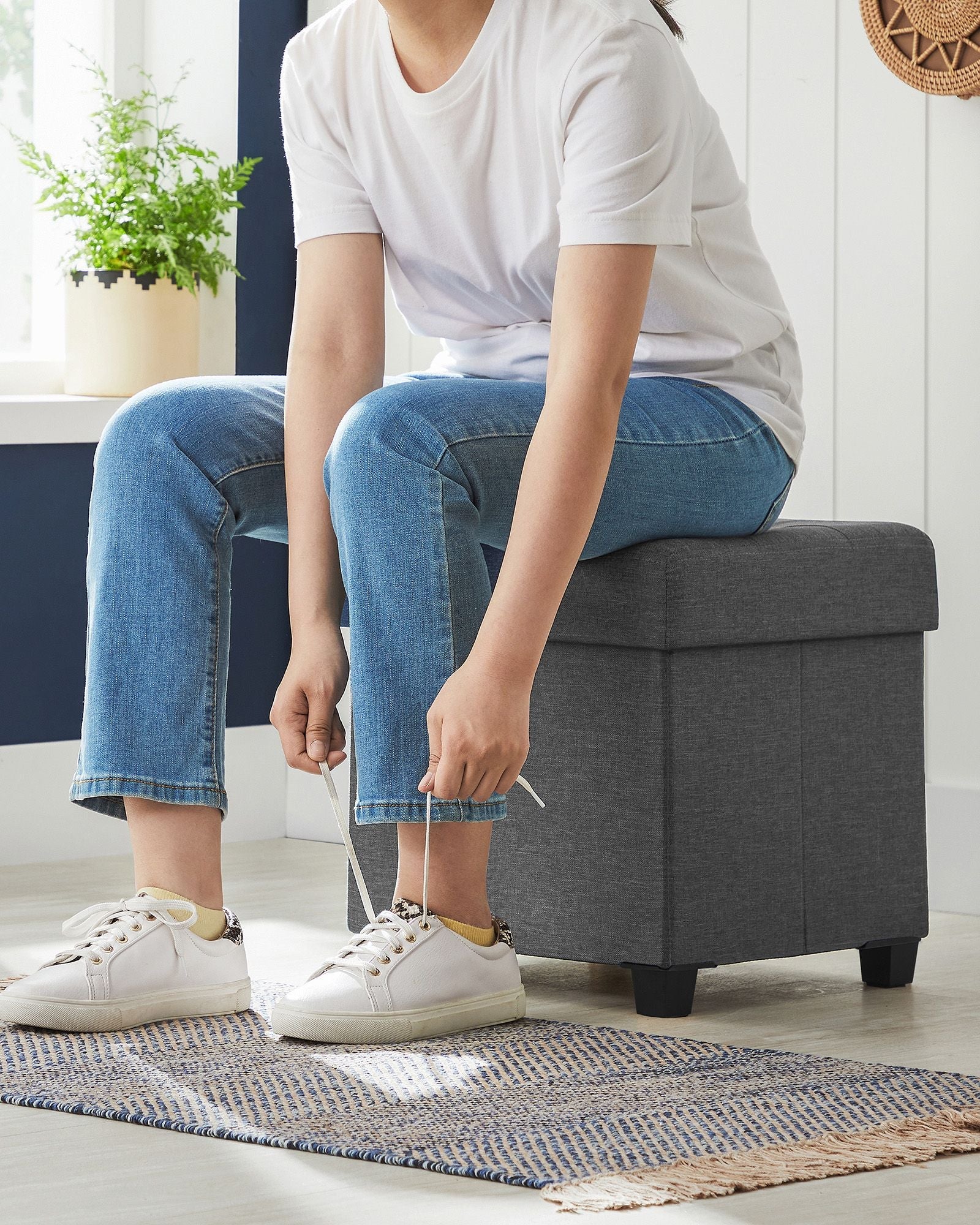 Foldable Storage Ottoman – Fabric – Dark Grey – 38 x 38 cm – Multi-functional Foot Stool with Storage