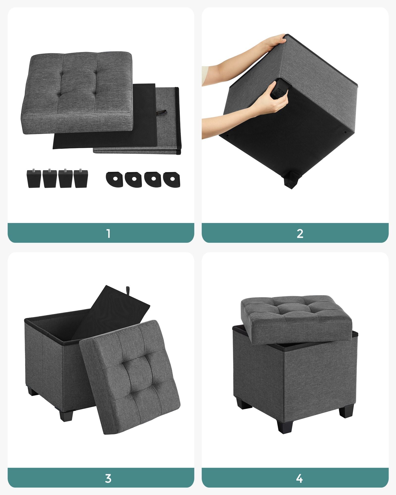 Foldable Storage Ottoman – Fabric – Dark Grey – 38 x 38 cm – Multi-functional Foot Stool with Storage