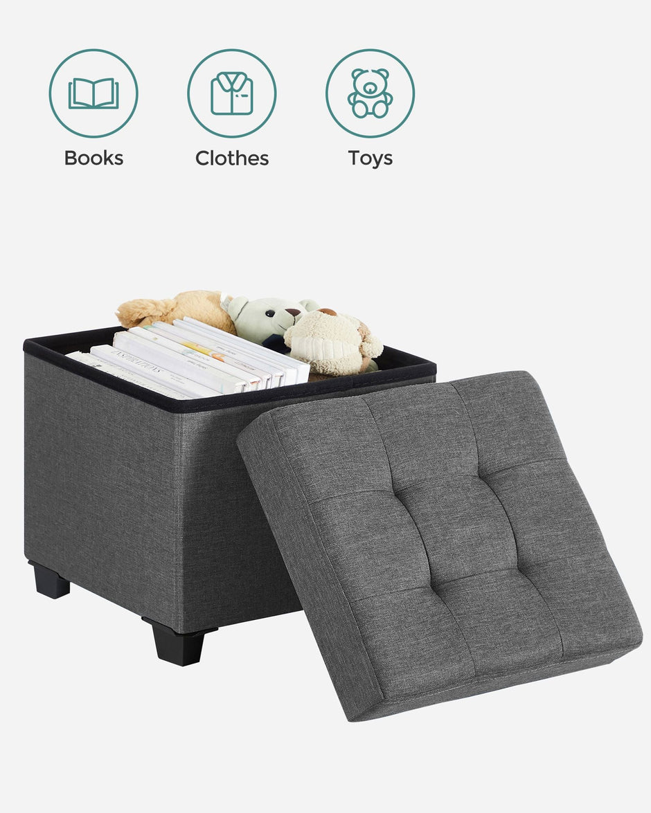 Foldable Storage Ottoman – Fabric – Dark Grey – 38 x 38 cm – Multi-functional Foot Stool with Storage