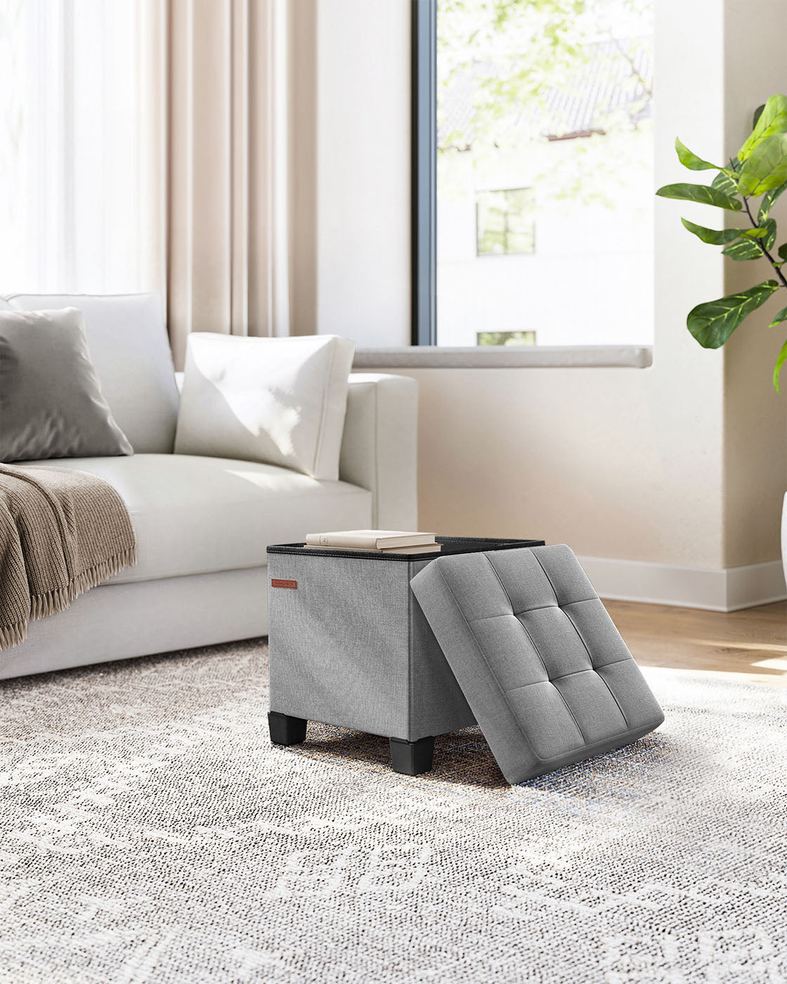 Foldable Storage Ottoman – Fabric – Dove Grey – Compact Foot Rest with High Load Capacity
