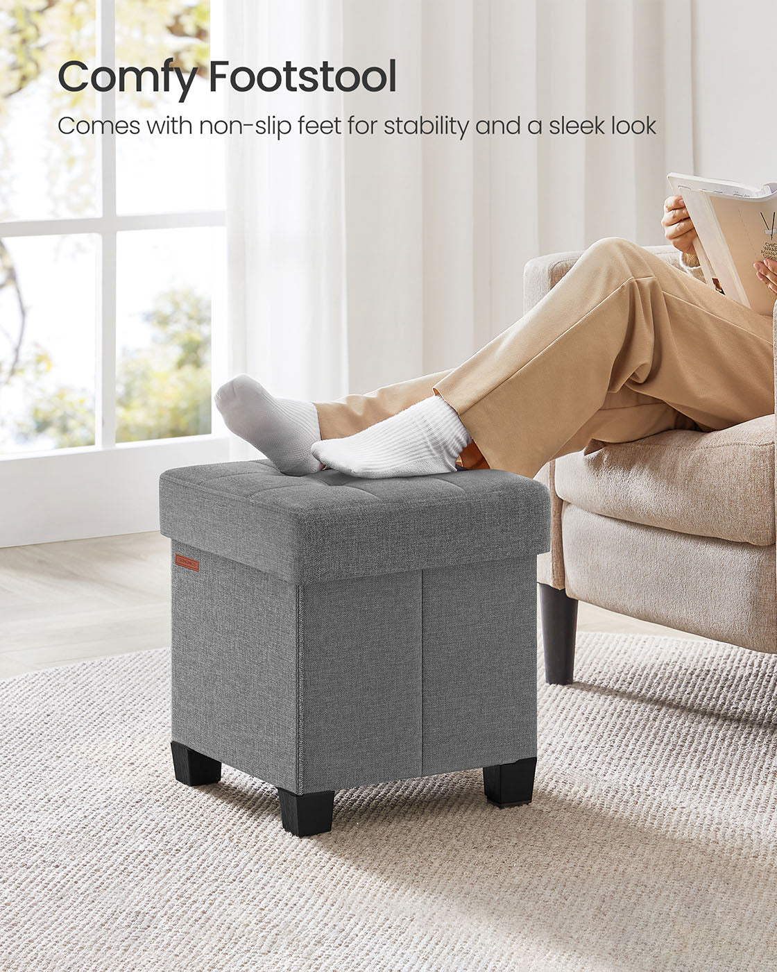 Foldable Storage Ottoman – Fabric – Dove Grey – Compact Foot Rest with High Load Capacity