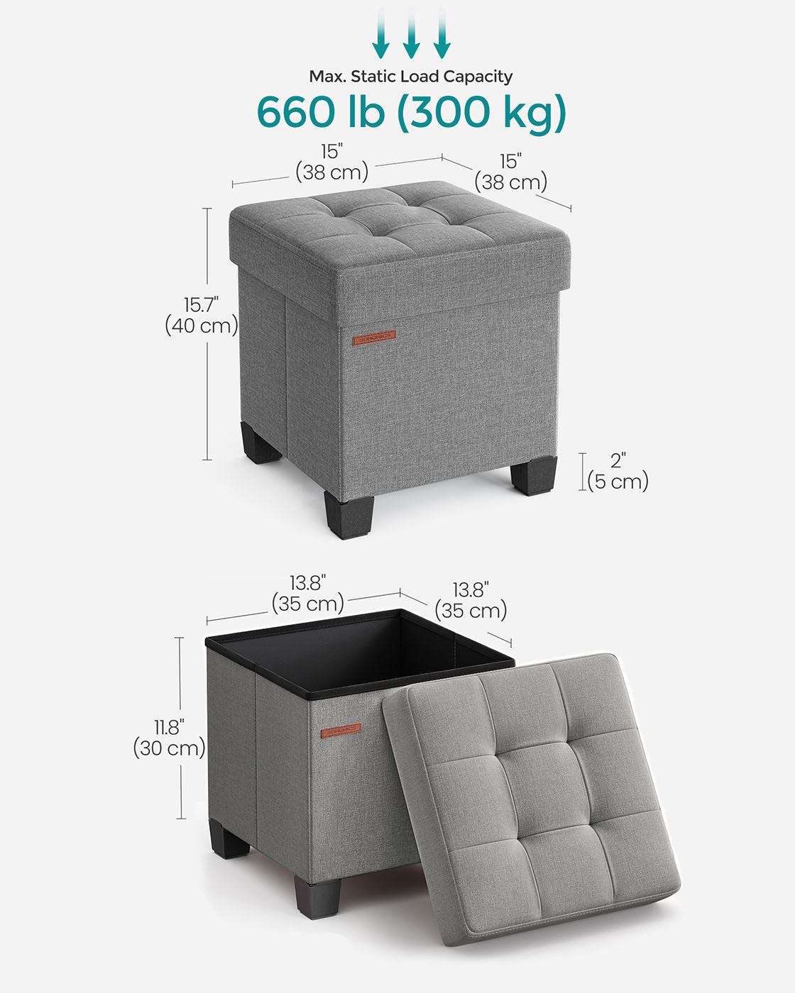 Foldable Storage Ottoman – Fabric – Dove Grey – Compact Foot Rest with High Load Capacity