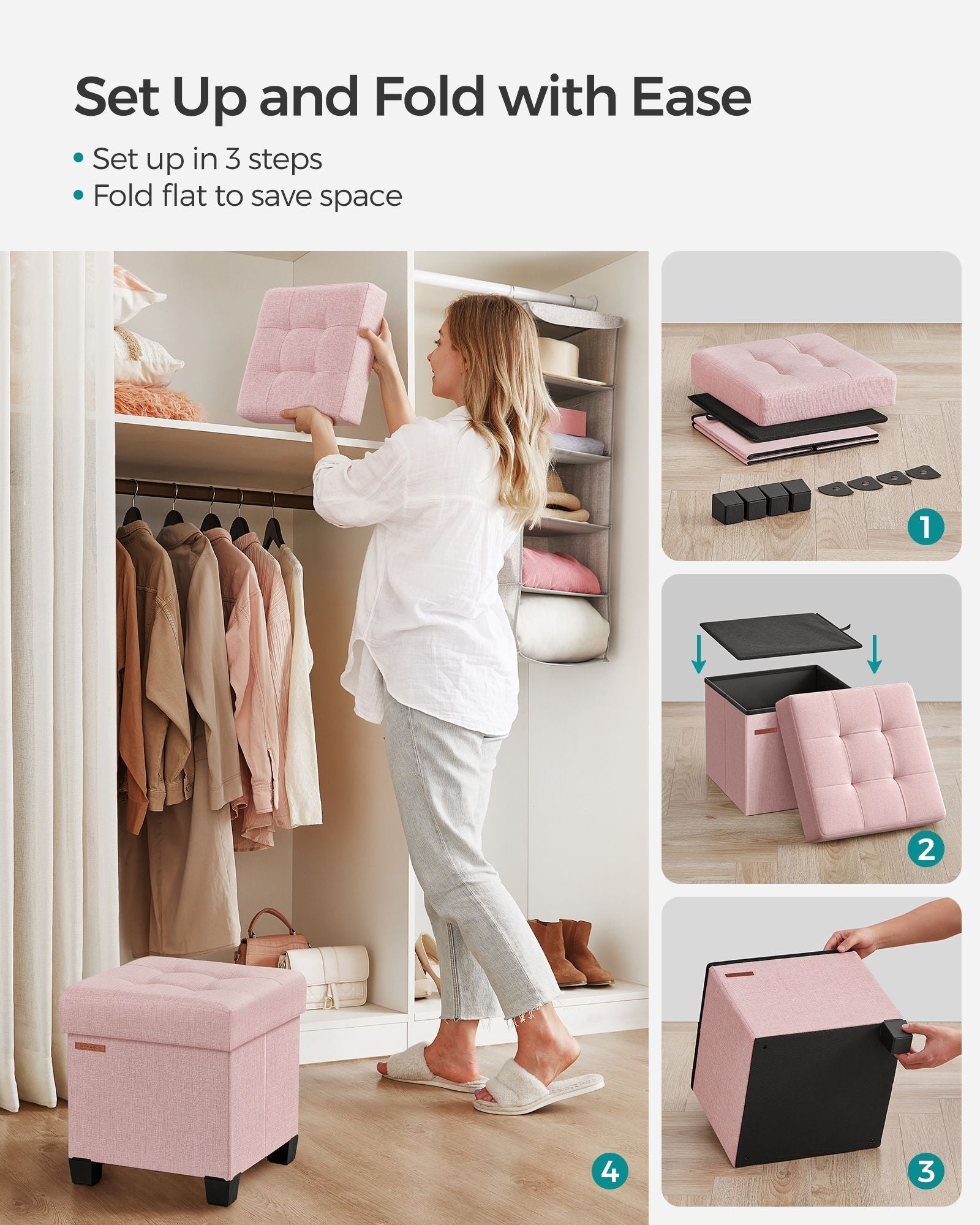 Foldable Storage Ottoman – Fabric – Jelly Pink – Weight Capacity 300 kg