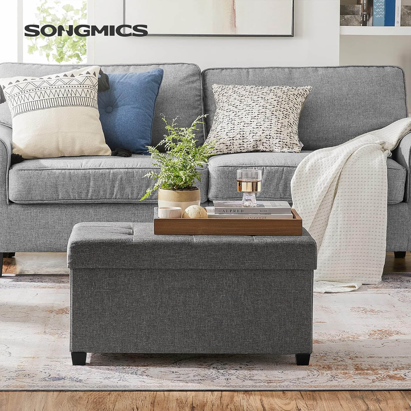 Storage Ottoman – Padded Fabric – Dark Grey – Foldable with Solid Wood Feet, 68L Capacity