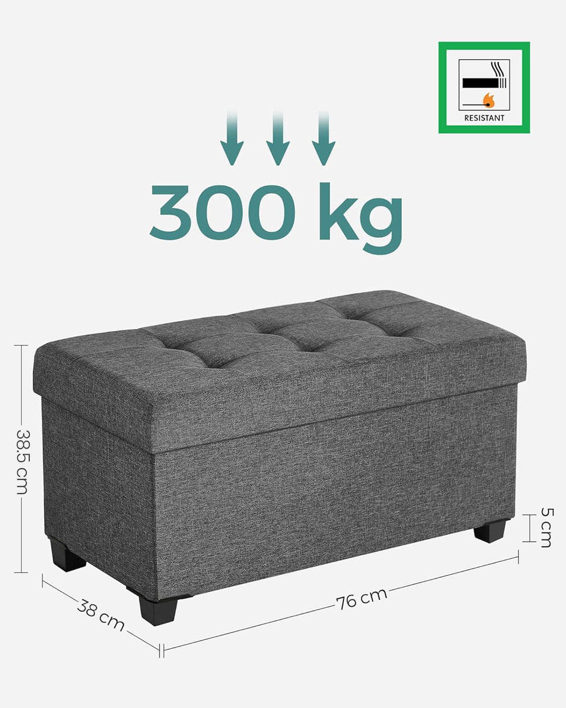 Storage Ottoman – Padded Fabric – Dark Grey – Foldable with Solid Wood Feet, 68L Capacity
