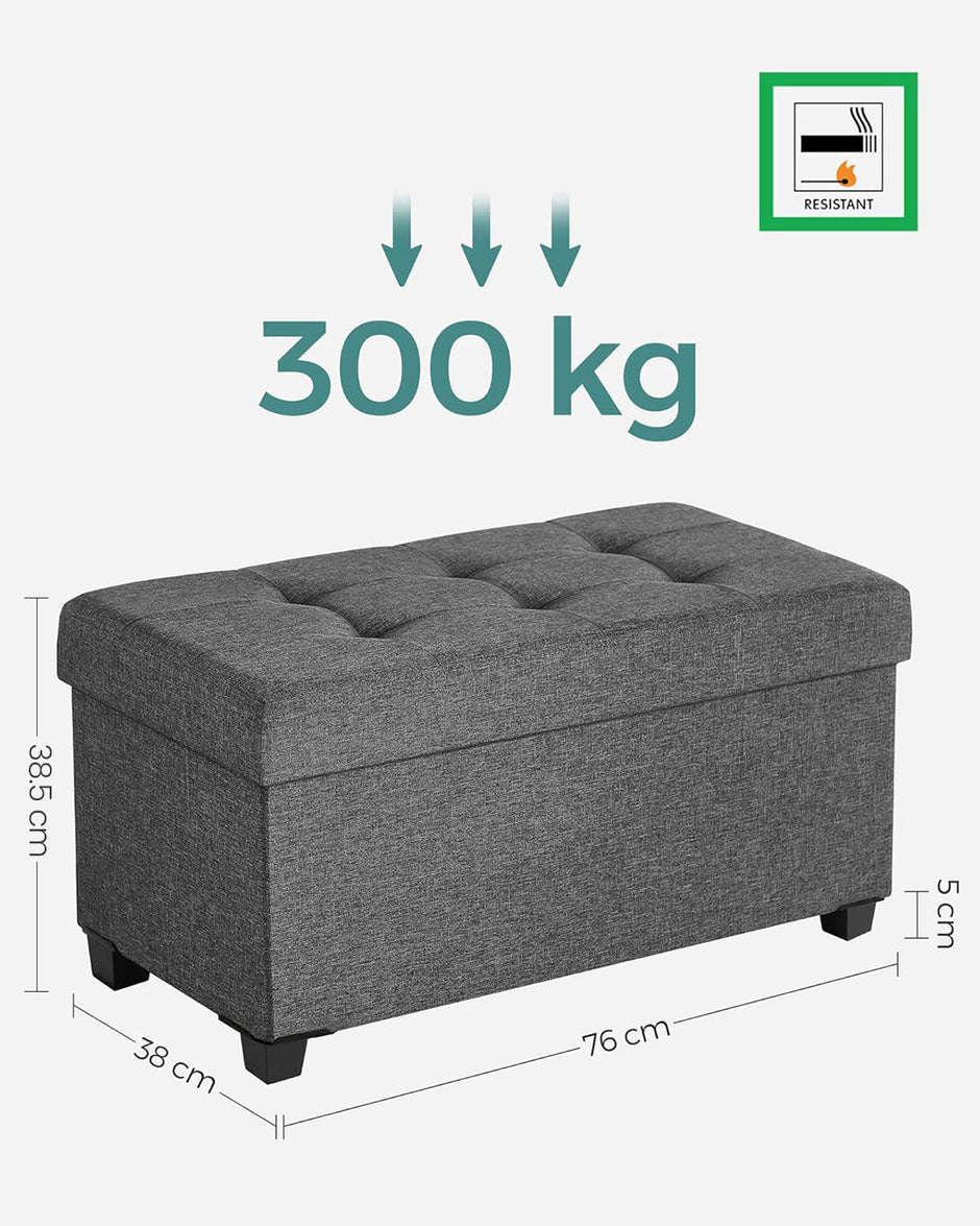 Storage Ottoman – Padded Fabric – Dark Grey – Foldable with Solid Wood Feet, 68L Capacity