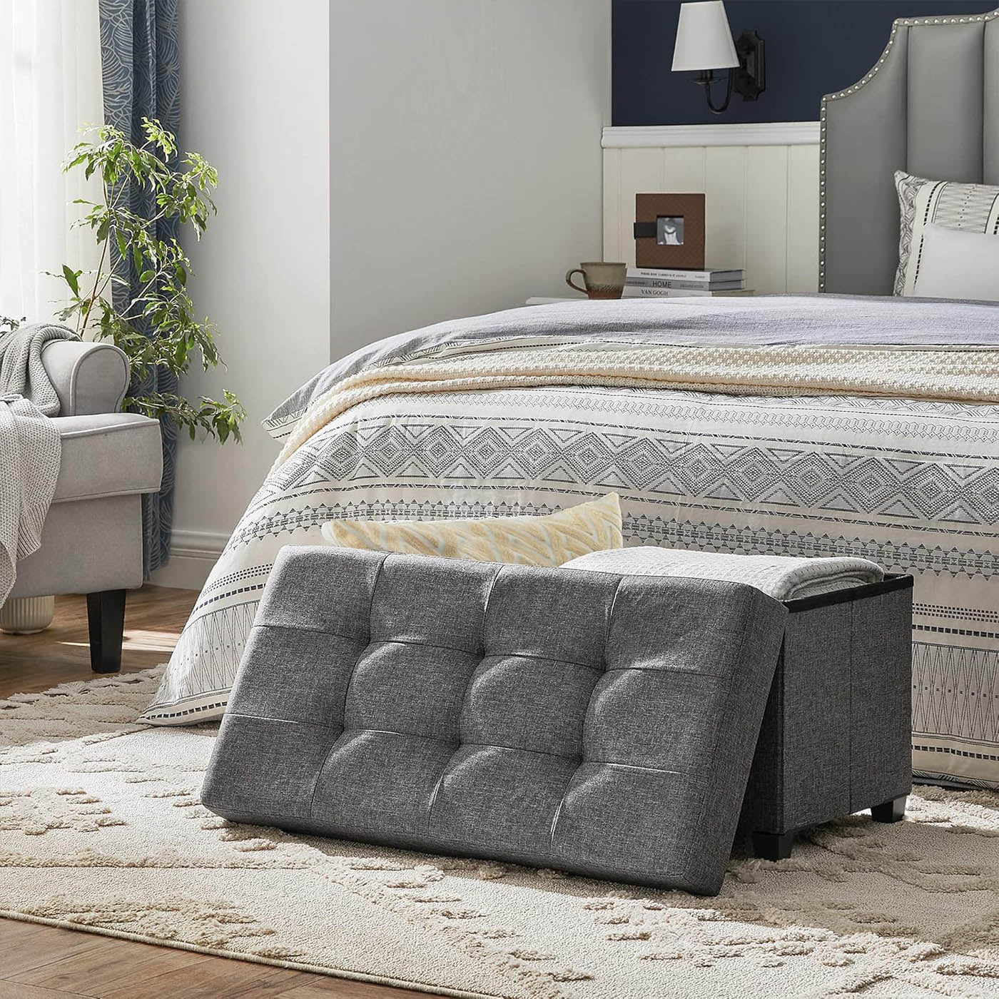 Storage Ottoman – Padded Fabric – Dark Grey – Foldable with Solid Wood Feet, 68L Capacity