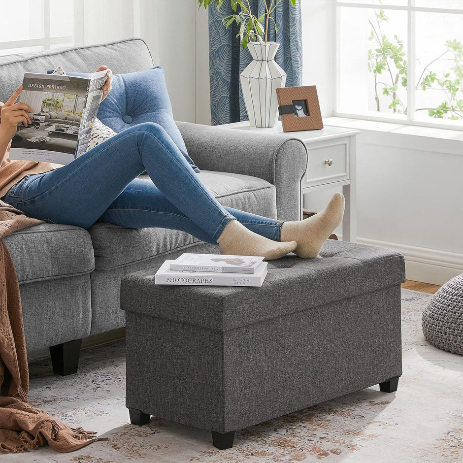Storage Ottoman – Padded Fabric – Dark Grey – Foldable with Solid Wood Feet, 68L Capacity