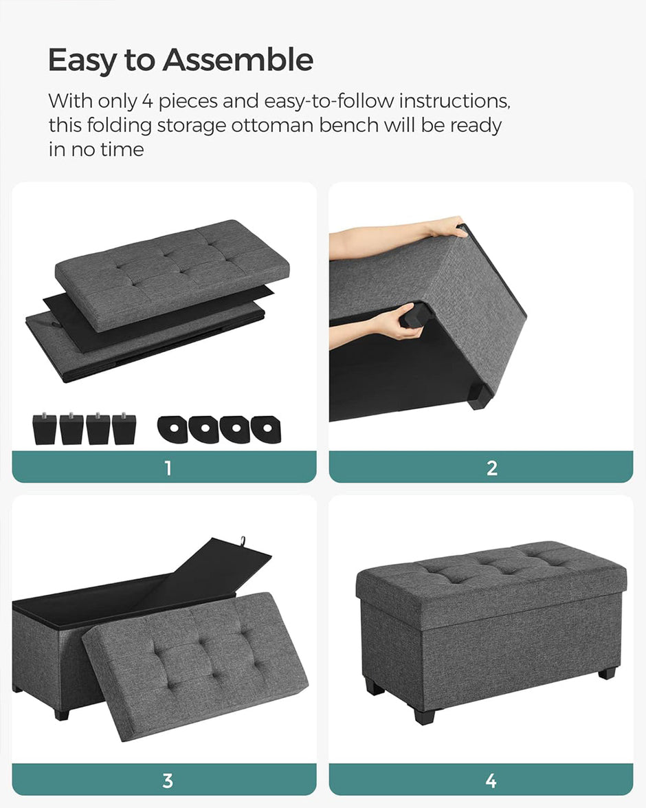 Storage Ottoman – Padded Fabric – Dark Grey – Foldable with Solid Wood Feet, 68L Capacity