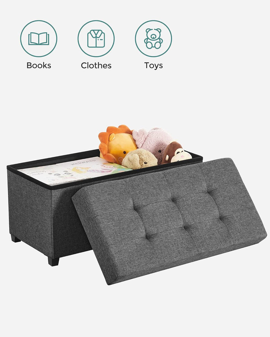 Storage Ottoman – Padded Fabric – Dark Grey – Foldable with Solid Wood Feet, 68L Capacity