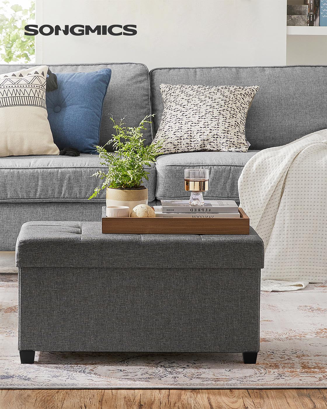 Foldable Storage Ottoman Bench – Fabric – Dark Grey – Multi-functional with Ample Storage