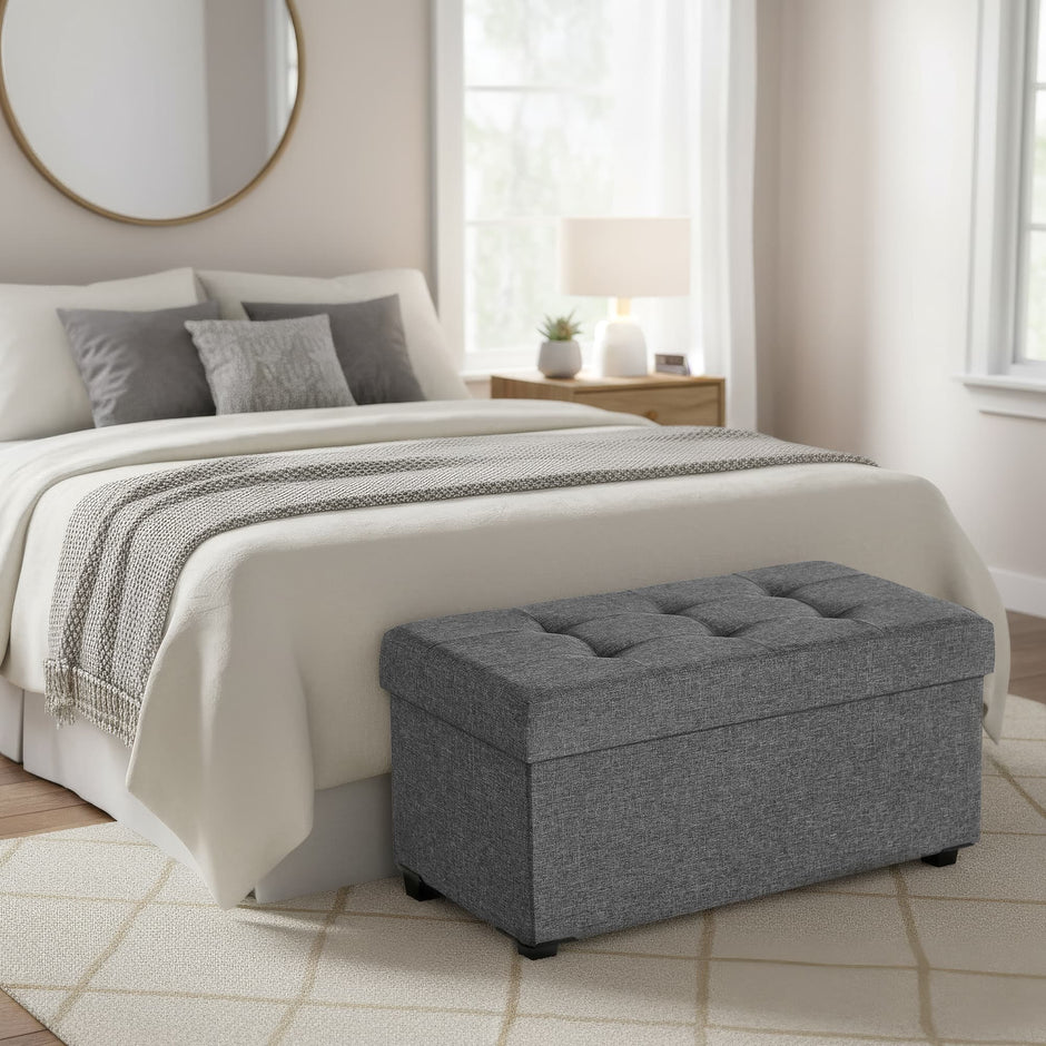 Storage Ottoman Bench – Fabric – Ink Black – Foldable with Storage