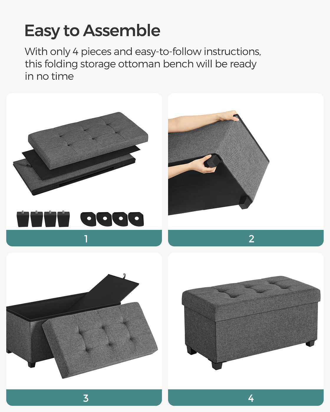 Foldable Storage Ottoman Bench – Fabric – Dark Grey – Multi-functional with Ample Storage