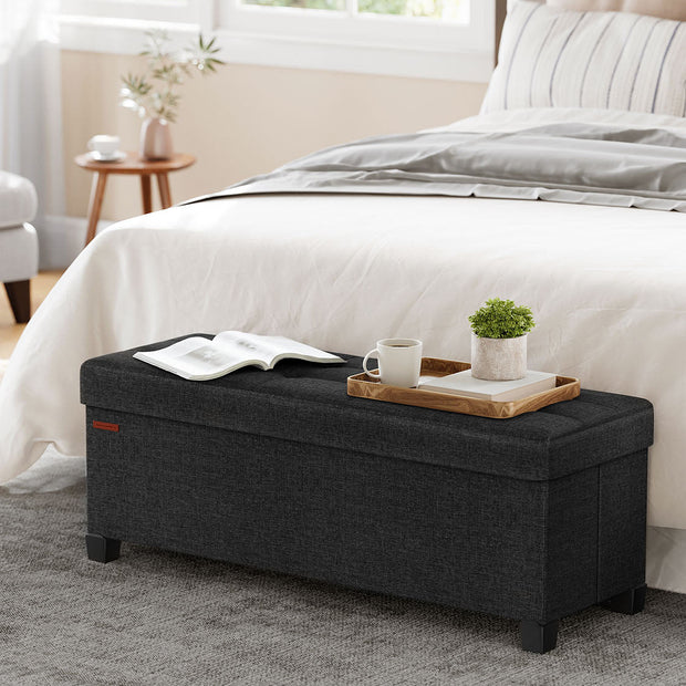 Storage Ottoman Bench – Fabric – Ink Black – Foldable with Legs and Storage