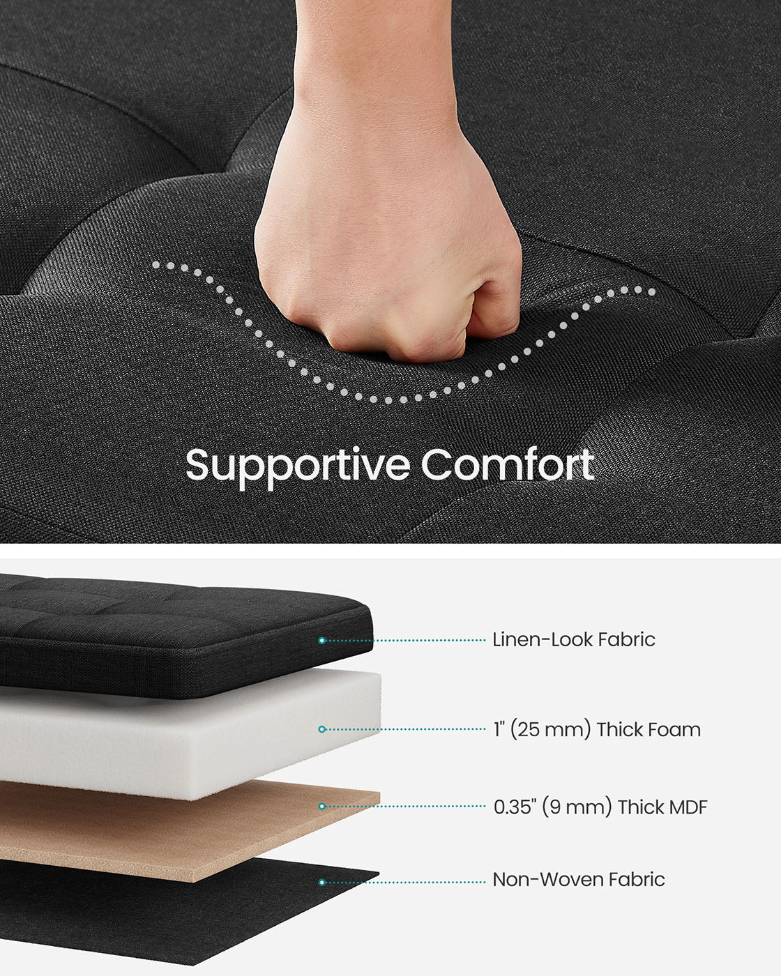 Storage Ottoman Bench – Fabric – Ink Black – Foldable with Legs and Storage