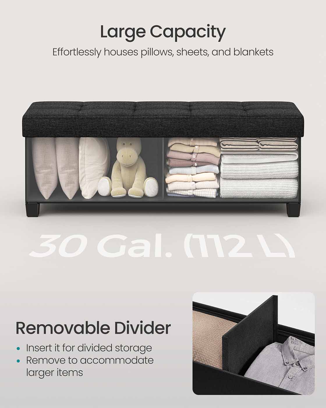 Storage Ottoman Bench – Fabric – Ink Black – Foldable with Legs and Storage