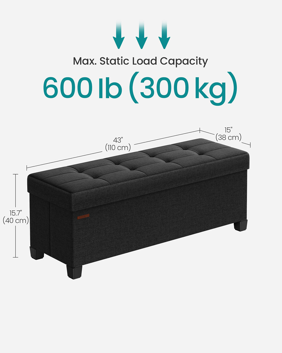 Storage Ottoman Bench – Fabric – Ink Black – Foldable with Legs and Storage