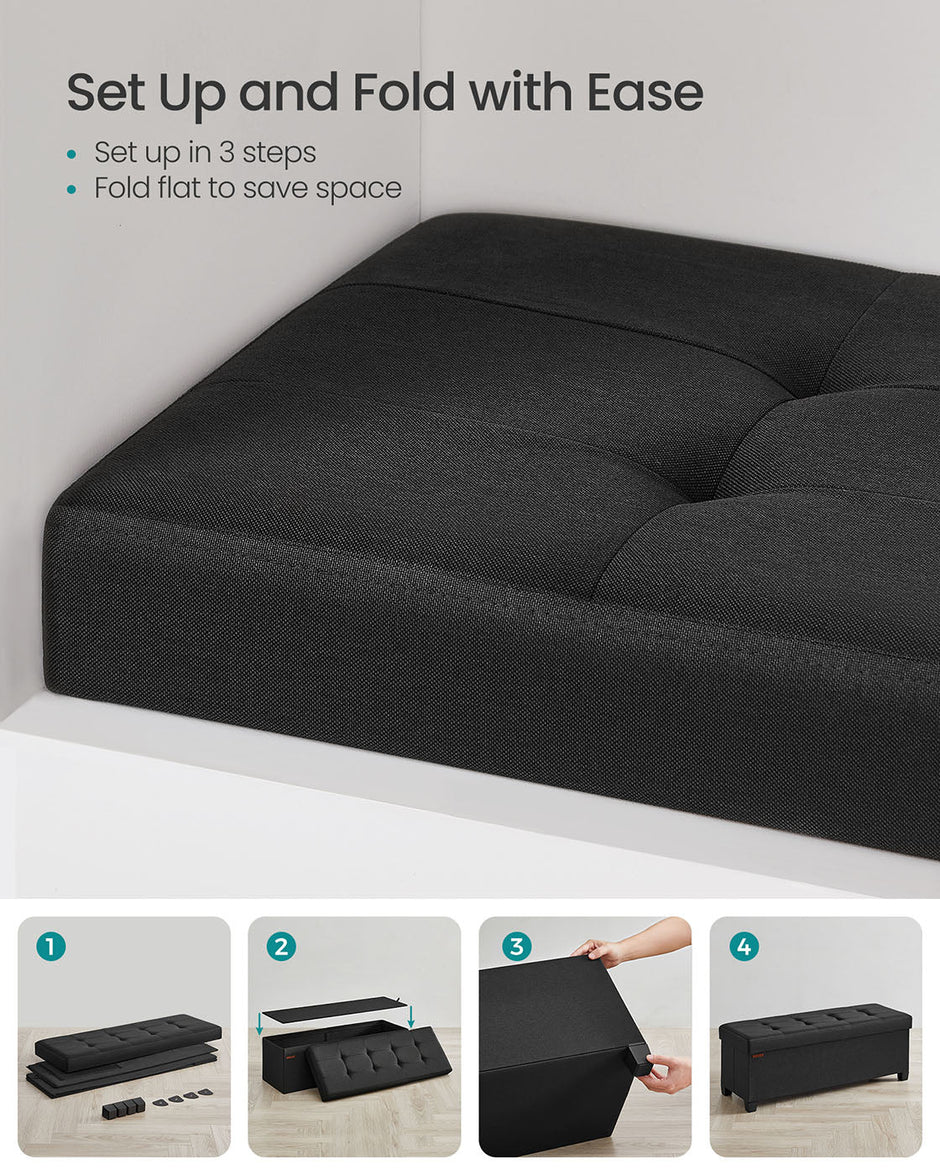 Storage Ottoman Bench – Fabric – Ink Black – Foldable with Legs and Storage