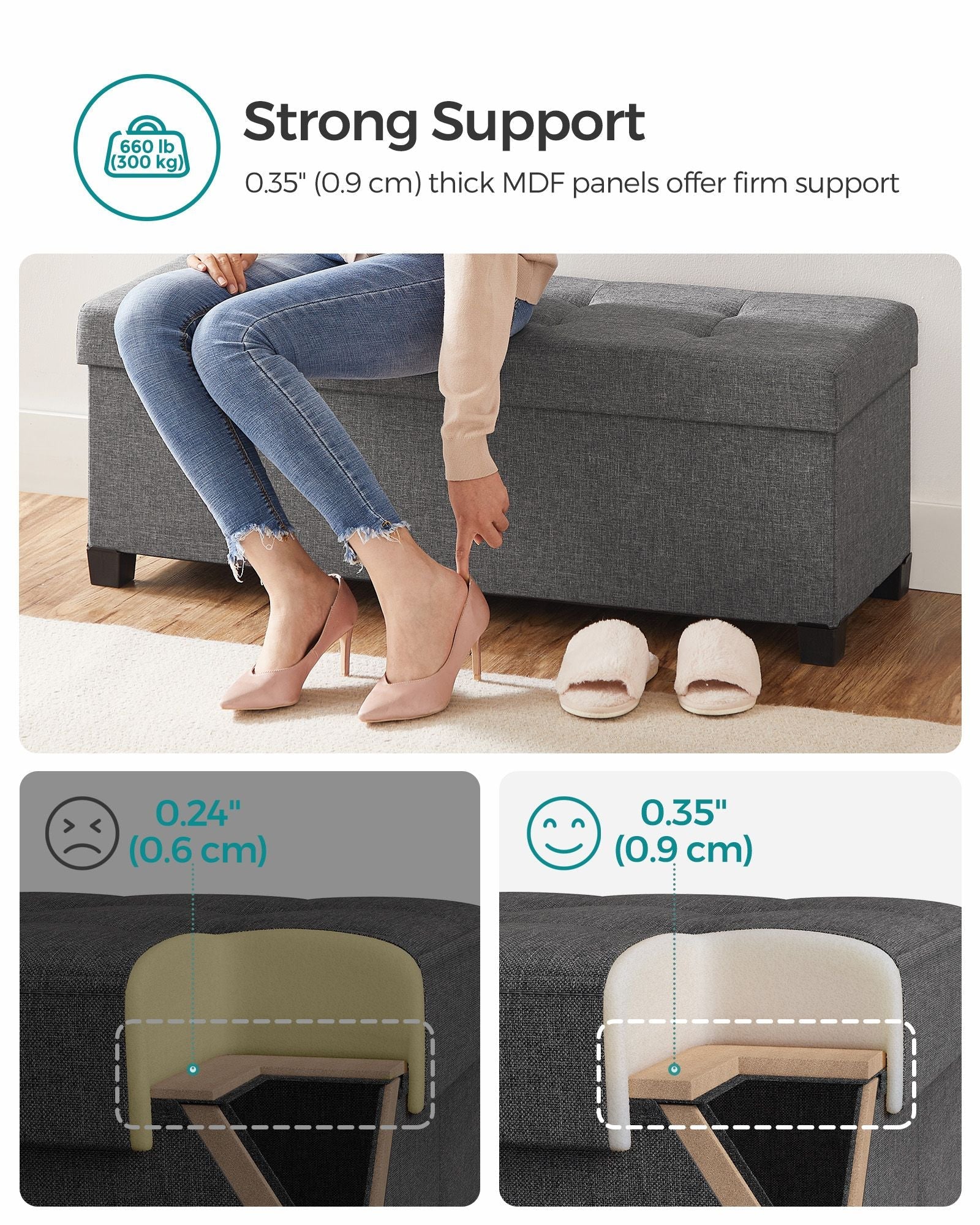 Foldable Storage Ottoman Bench – Fabric – Dark Grey – Versatile Footrest with Storage