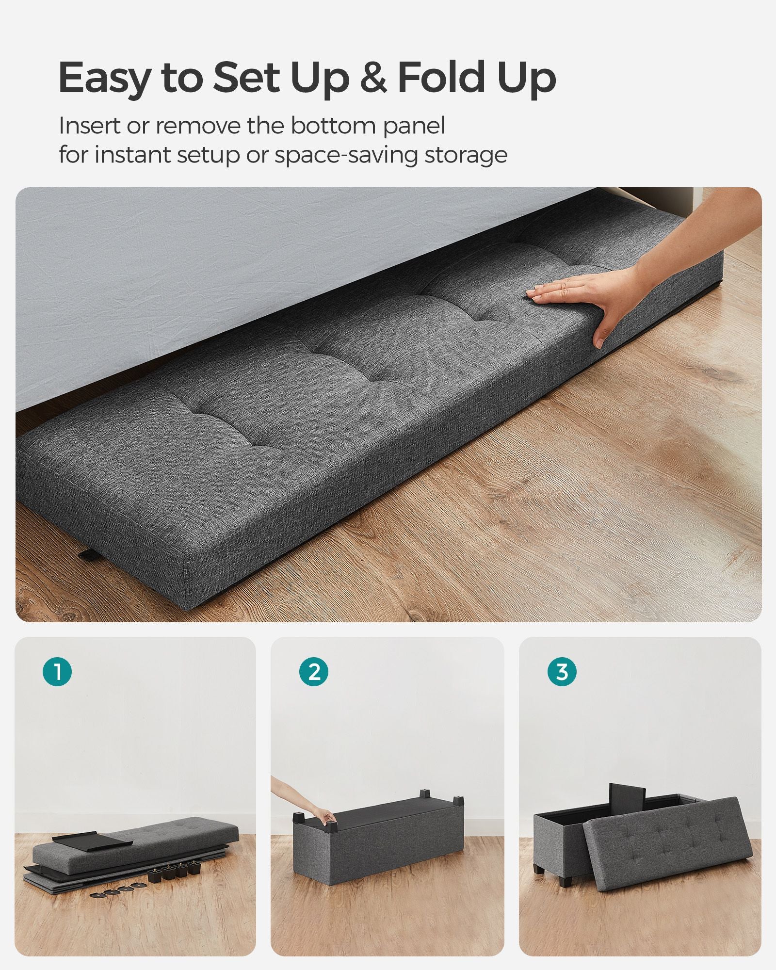 Foldable Storage Ottoman Bench – Fabric – Dark Grey – Versatile Footrest with Storage