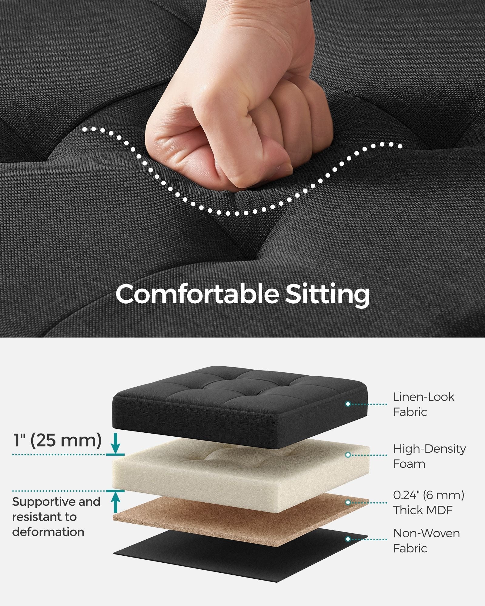 Foldable Storage Ottoman – Padded Fabric – Ink Black – 40L Capacity, Supports 300 kg
