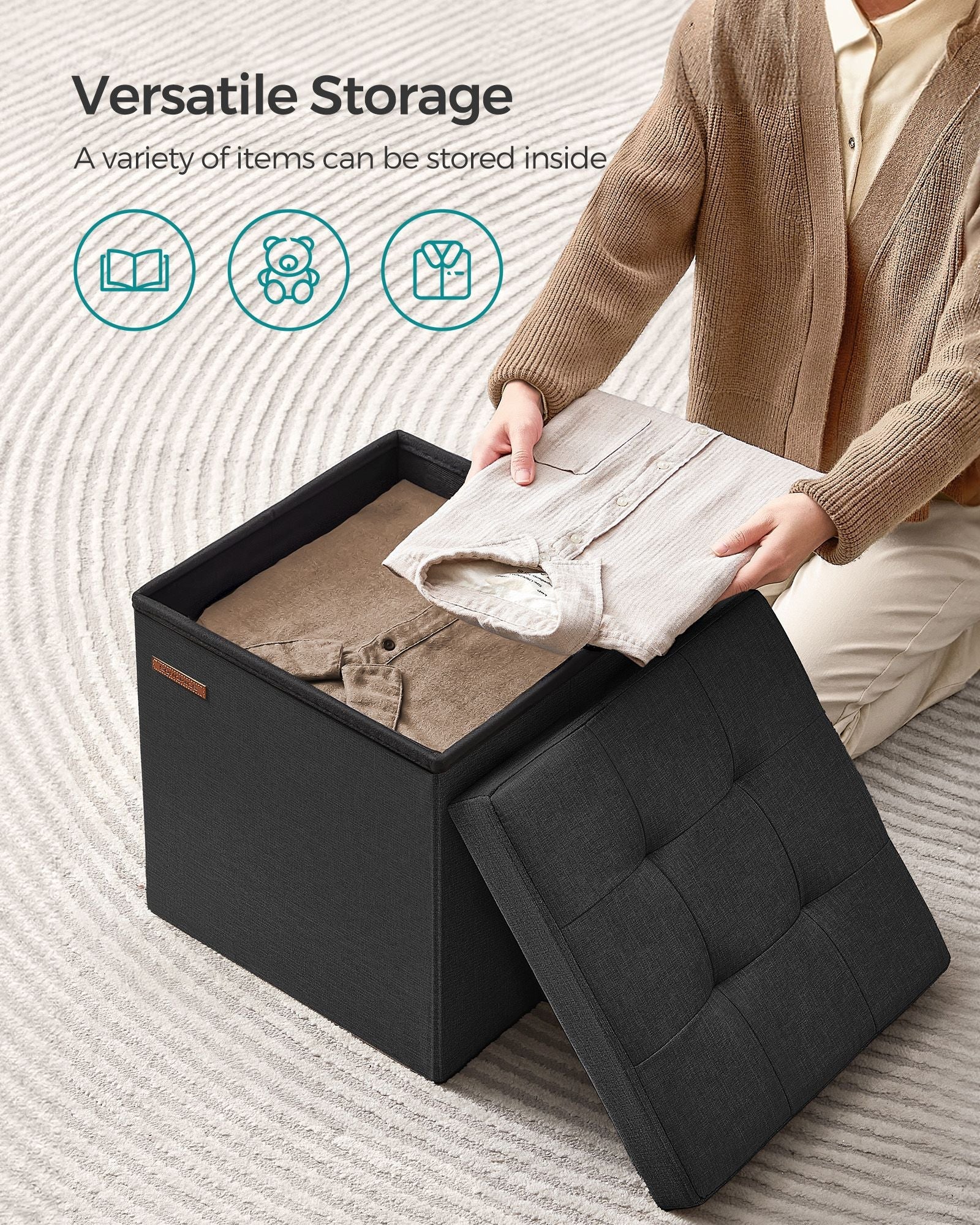 Foldable Storage Ottoman – Padded Fabric – Ink Black – 40L Capacity, Supports 300 kg