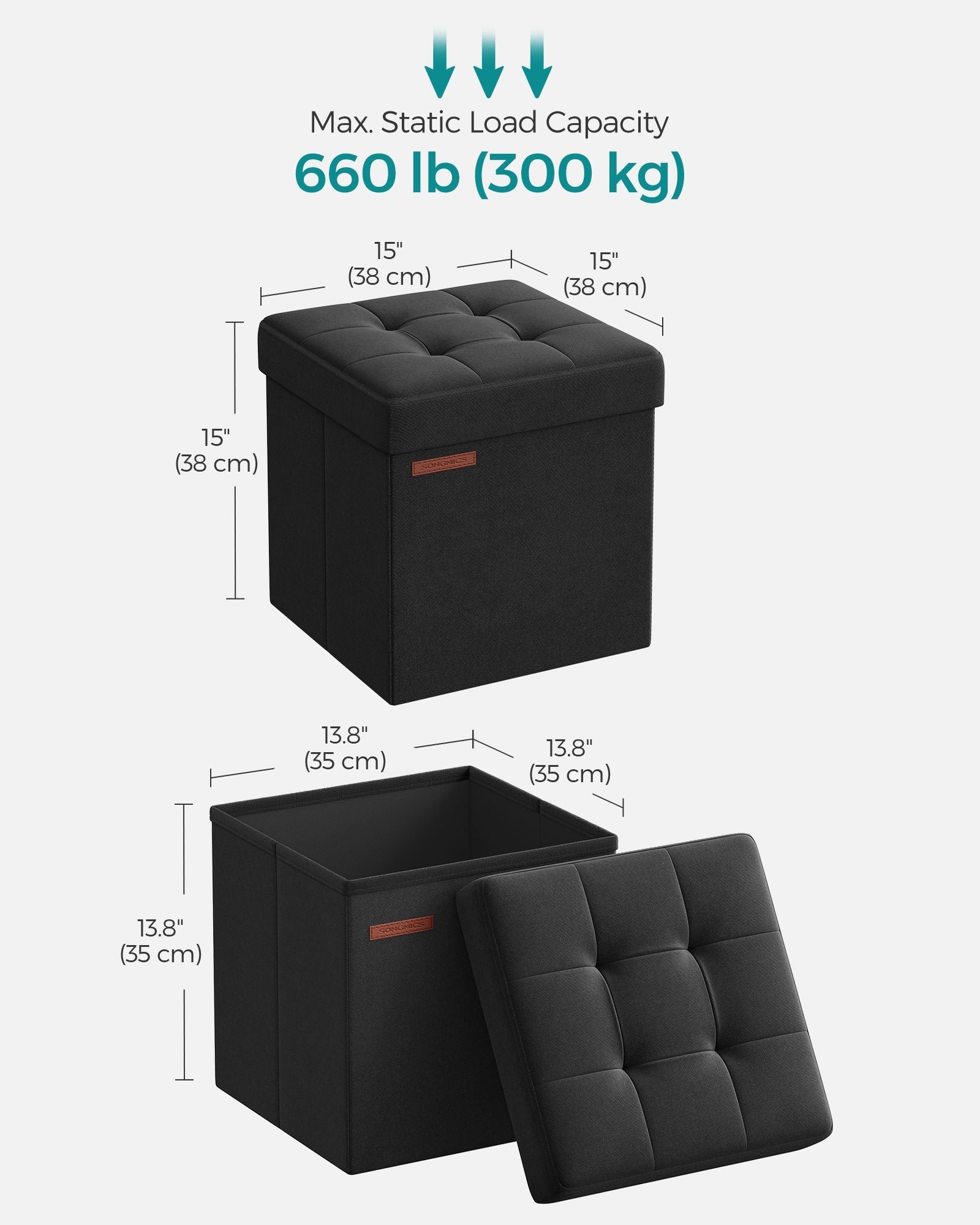 Foldable Storage Ottoman – Padded Fabric – Ink Black – 40L Capacity, Supports 300 kg