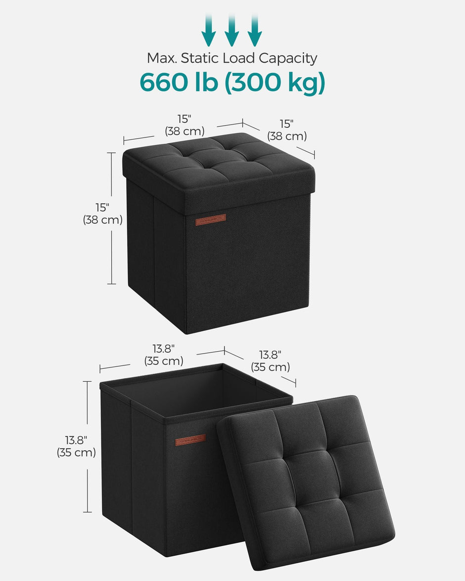 Foldable Storage Ottoman – Padded Fabric – Ink Black – 40L Capacity, Supports 300 kg