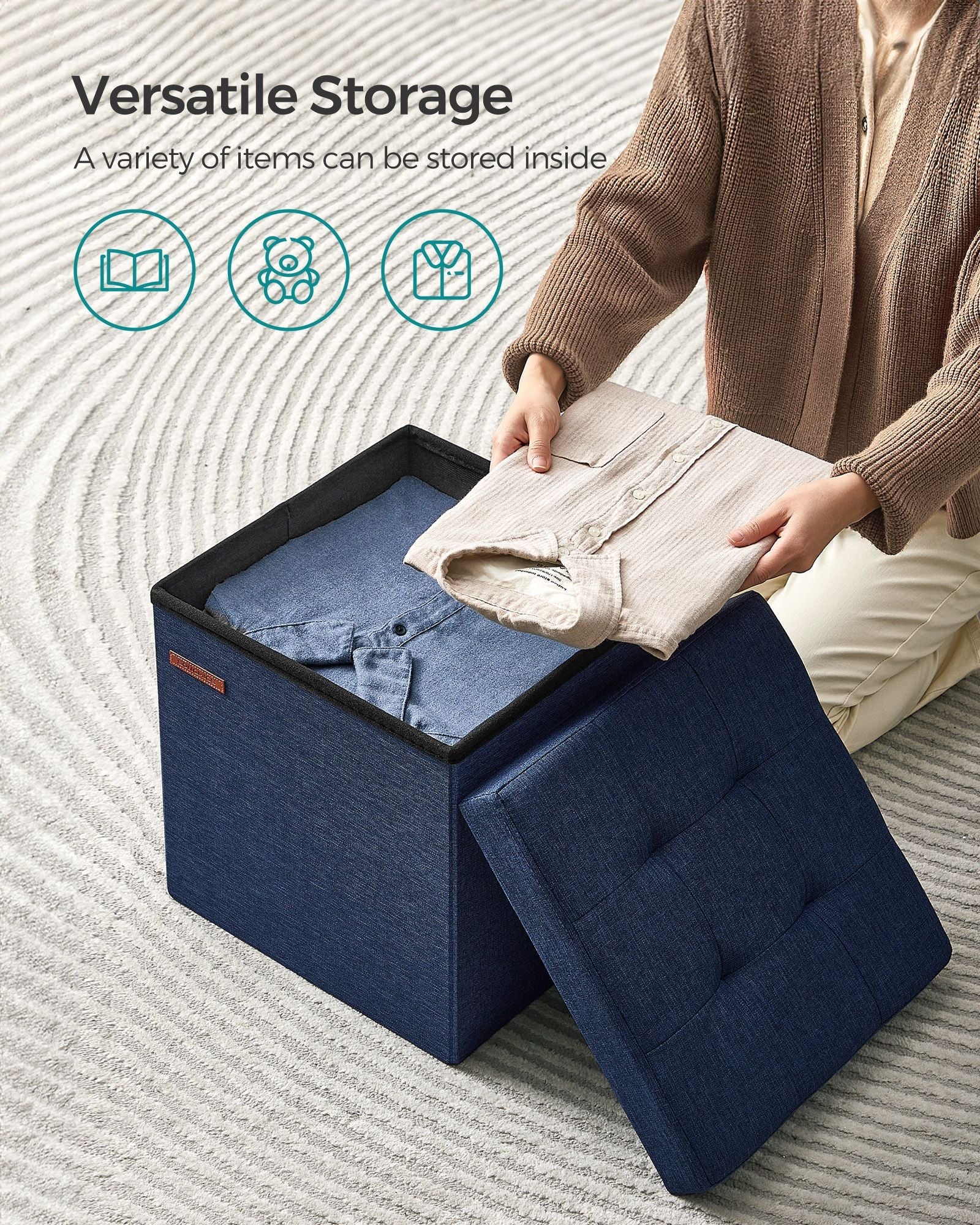 Foldable Storage Ottoman – Padded Fabric – Midnight Blue – 40L Capacity