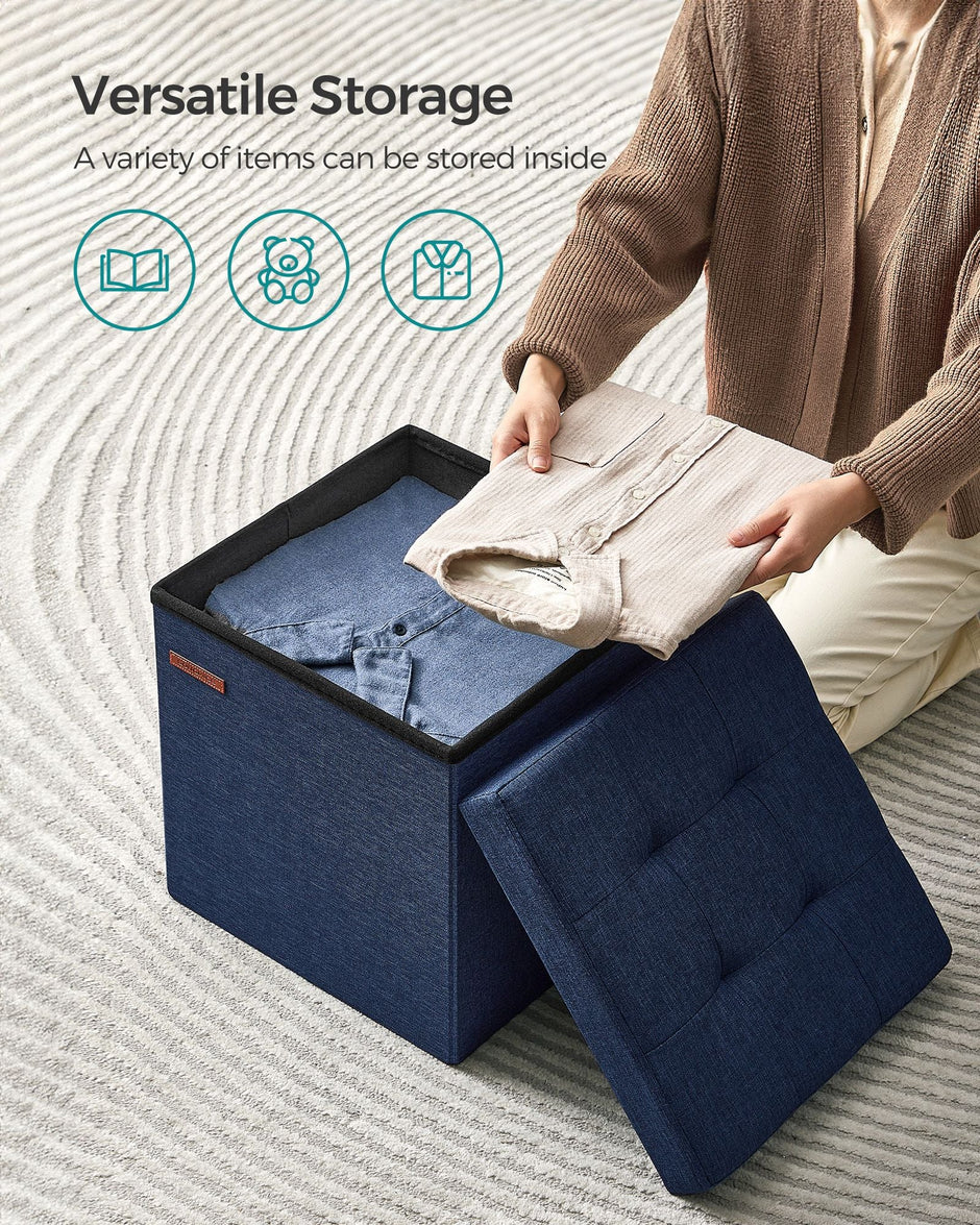 Foldable Storage Ottoman – Padded Fabric – Midnight Blue – 40L Capacity